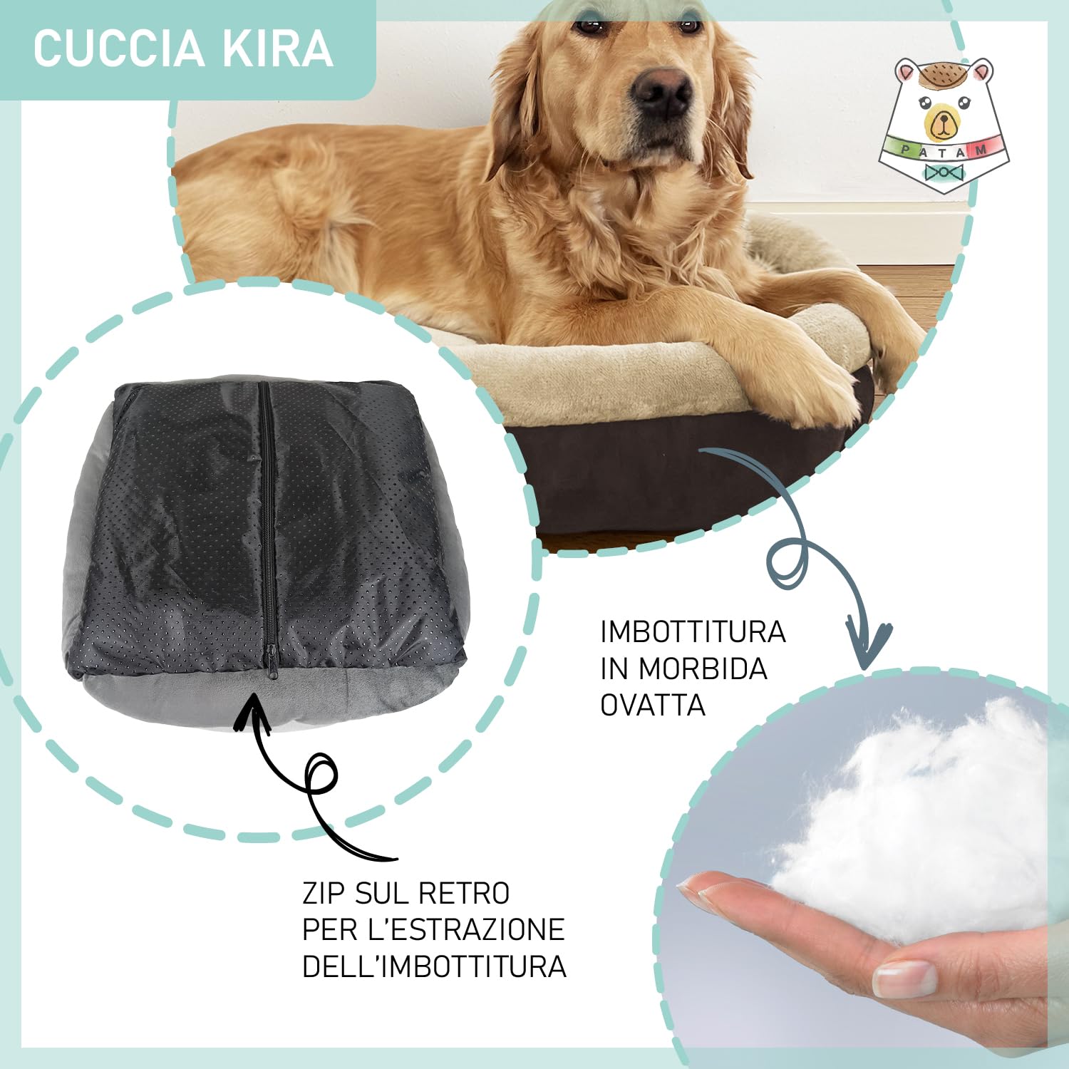 Cuccia Per Cani E Gatti PATAM Kira - Morbida, Sfoderabile E Antiscivolo - Blu, Piccola 51x46x18 Cm - Foto 5