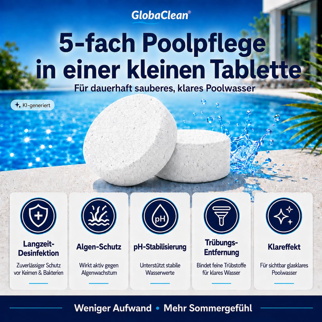 Multitabs für Pool 5 in 1 – 20g (5kg) - Hochwirksame Chlortabletten für Pool – Langzeit Chlor Tabs zur Algenbekämpfung & Flockung - Für kristallklares Wasser