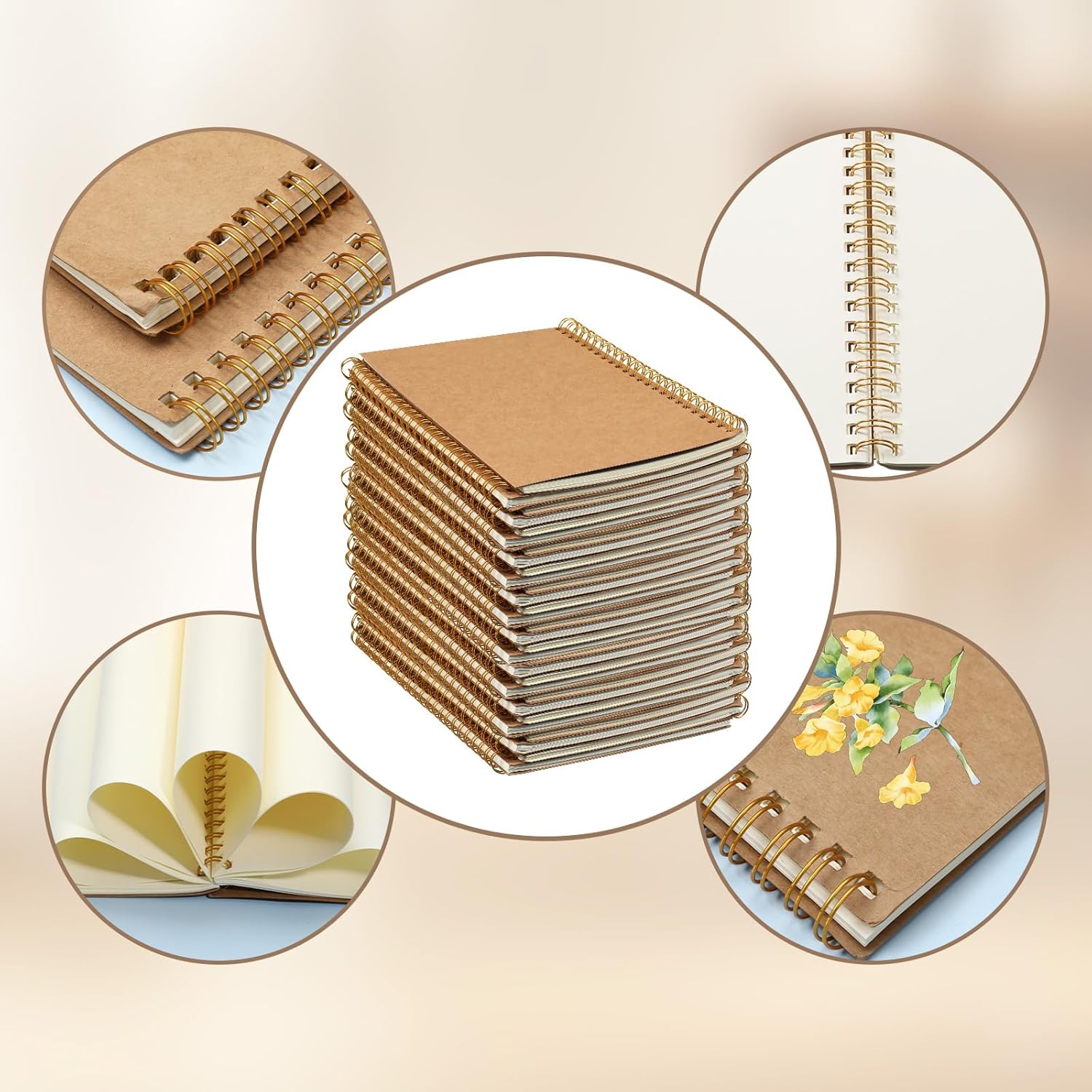 SHENLIU 24 Pack Blank Spiral Notebook, A5 Unlined Spiral Notebook, 100 Pages/ 50 Sheets Journal Sketch Books 8.3"x 5.5" Soft Cover Kraft Diary Planner for School Travel Office (Brown)