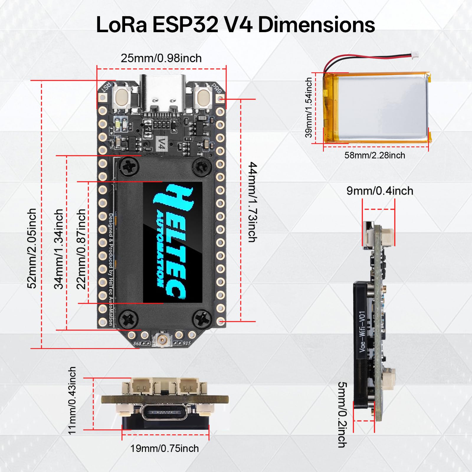 LoRa ESP32 V4 - Scheda di sviluppo + batteria da 3000 mAh, APKLVSR ESP32-S3 LoRa 32 V4 con antenne da 868 MHz e display OLED, Wi-Fi integrato Bluetooth SX-1262, per Arduino Meshtastic LoRaWAN