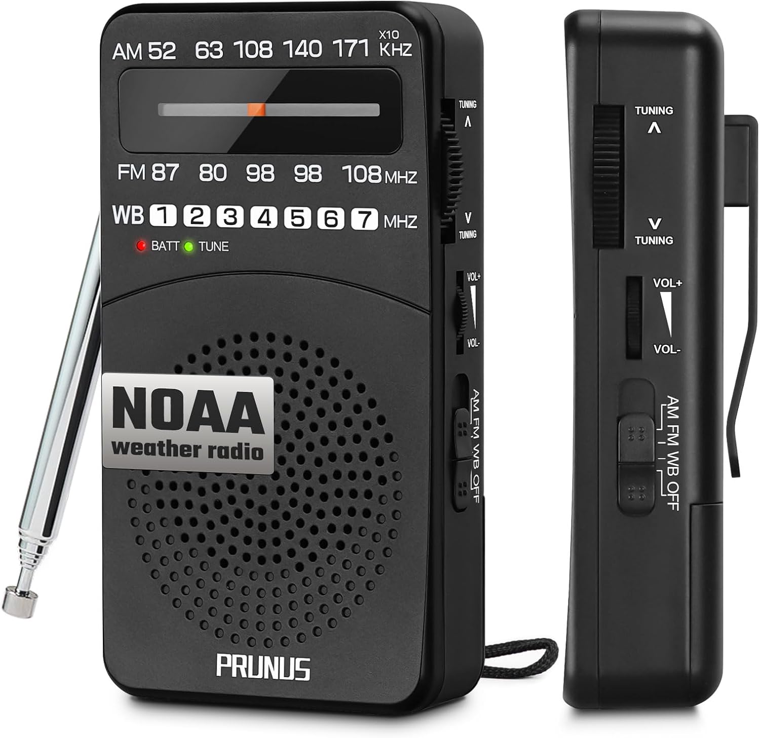 PRUNUS NOAA Weather Radio AM FM, Battery Powered Radio by AA, Transistor Radio, Earphone Jack, Portable Radio AM FM WB for Emergency, Hurricane, Floods, snowstorms