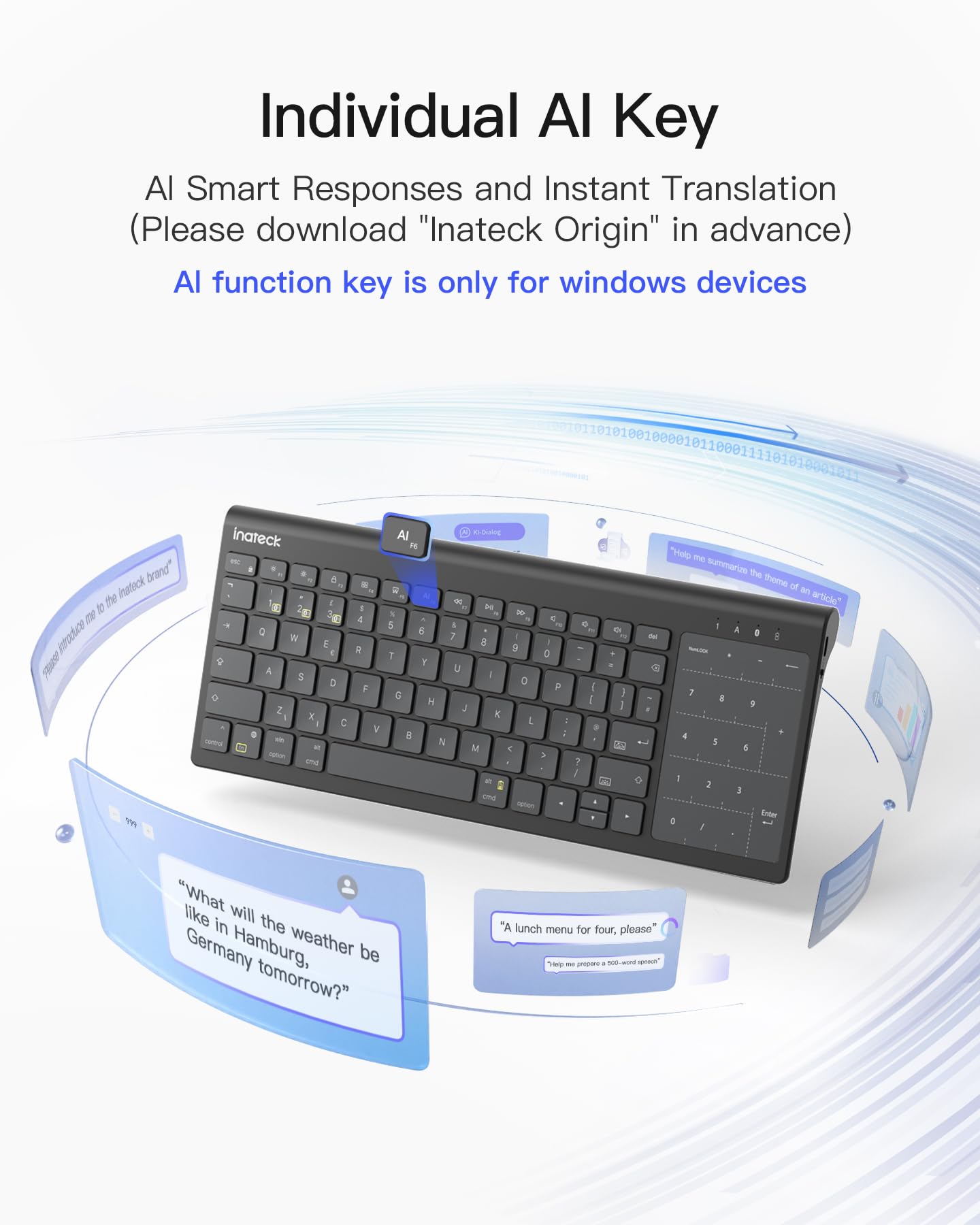 Inateck Tastiera Bluetooth per tablet, tastiera numerica 2 in 1 e touchpad, retroilluminazione a 7 colori e supporto nascosto, 3 canali BT, compatibile con iPad 10/9/iPad Pro/iPad Air/Samsung/Android