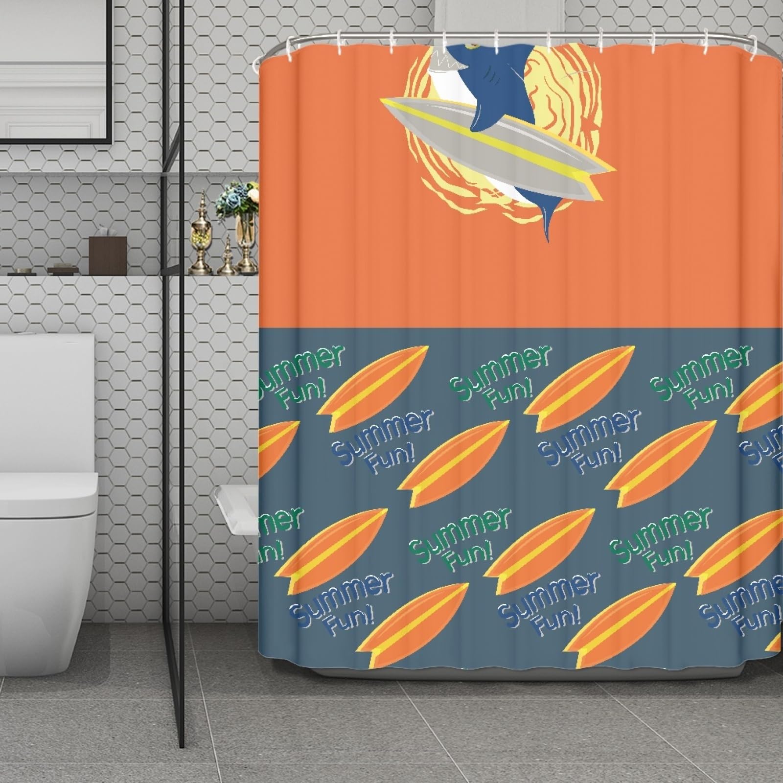 Rideau de douche orange 200x240 cm grand format imperméable avec motif poisson bleu et skateboard