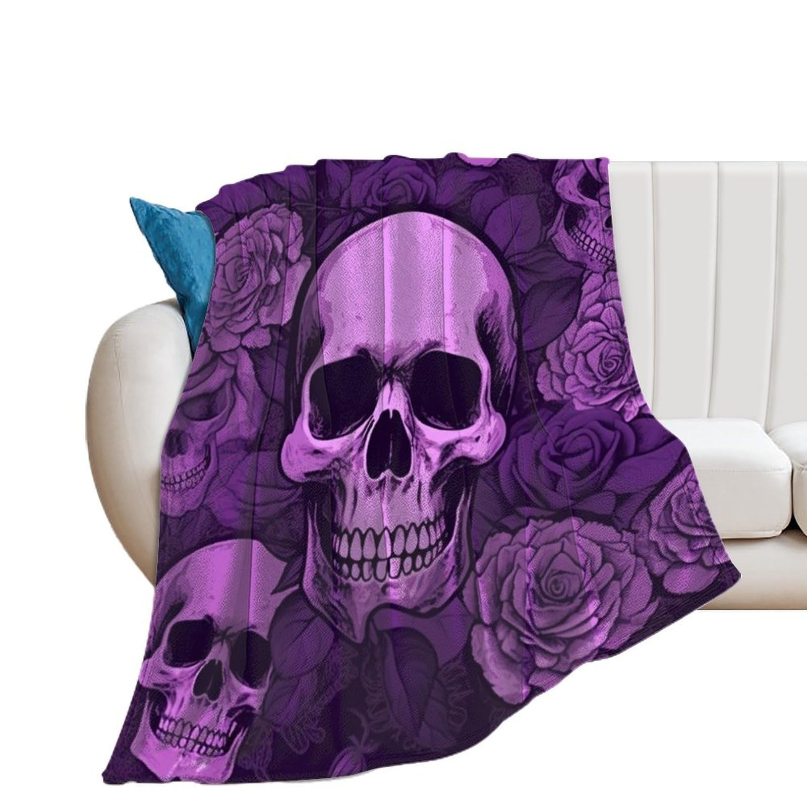 Couverture flanelle violette plaid lit canapé crânes roses 130x150