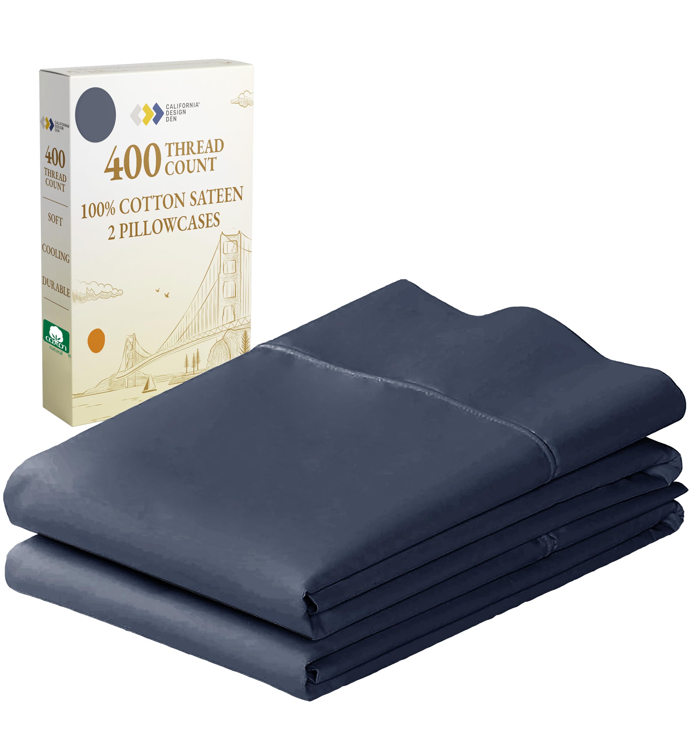 California Design Den Standard Queen Size Pillowcase Set - 400 Thread Count, 100% Cotton Sateen, Set of 2 Pillow Covers, Breathable, Cooling, Soft for Quality Sleep - Indigo Dusty BlueOEKO-TEX STANDARD 100