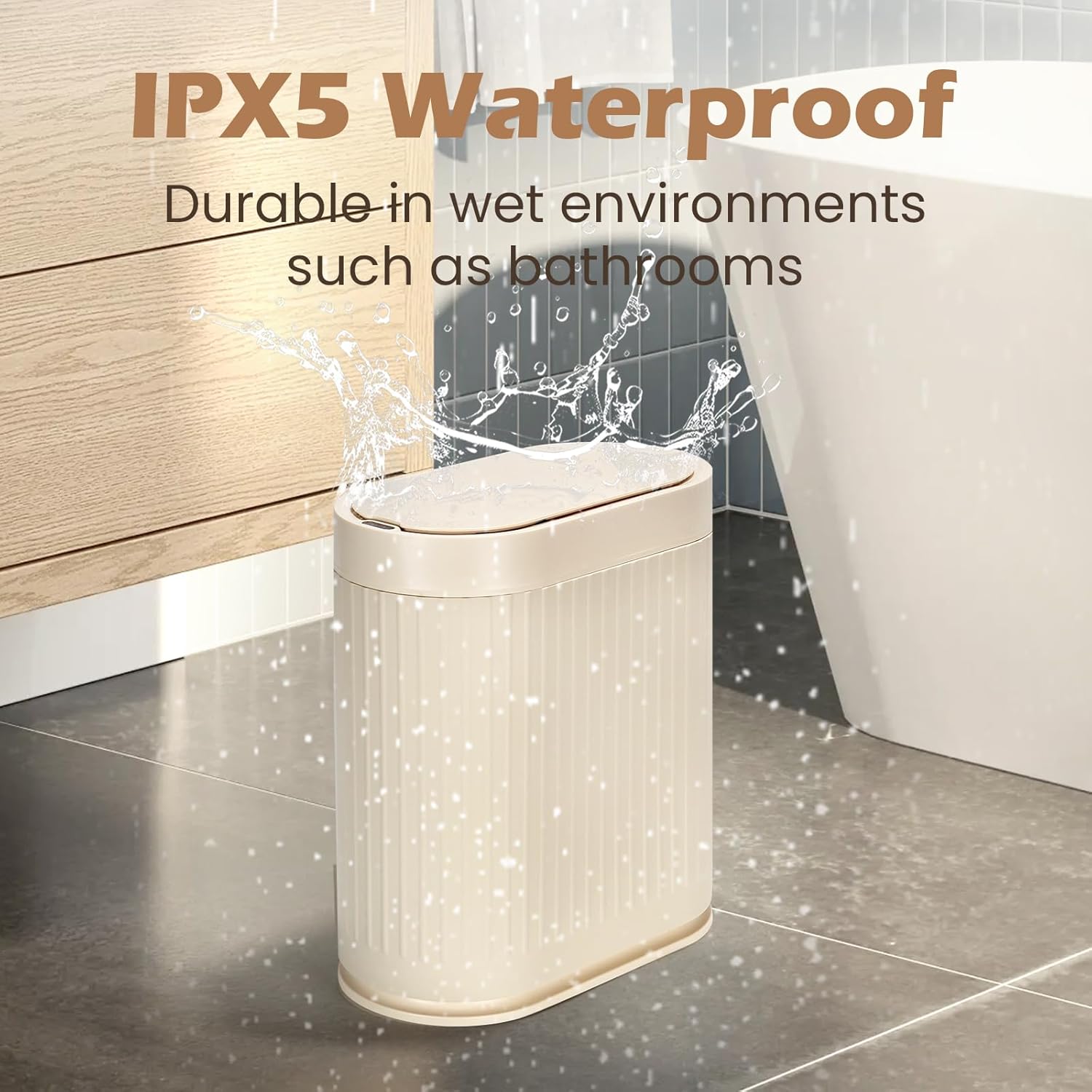 SYNCVIBE Bathroom Trash Can with Lid Automatic 2 Gallon Sensor Trash Bin, 7.5 Liter Smart Rubbish Bin, Motion Sensor Waterproof Bathroom Decor, Plastic Narrow Garbage Can for Bedroom, Office, Beige