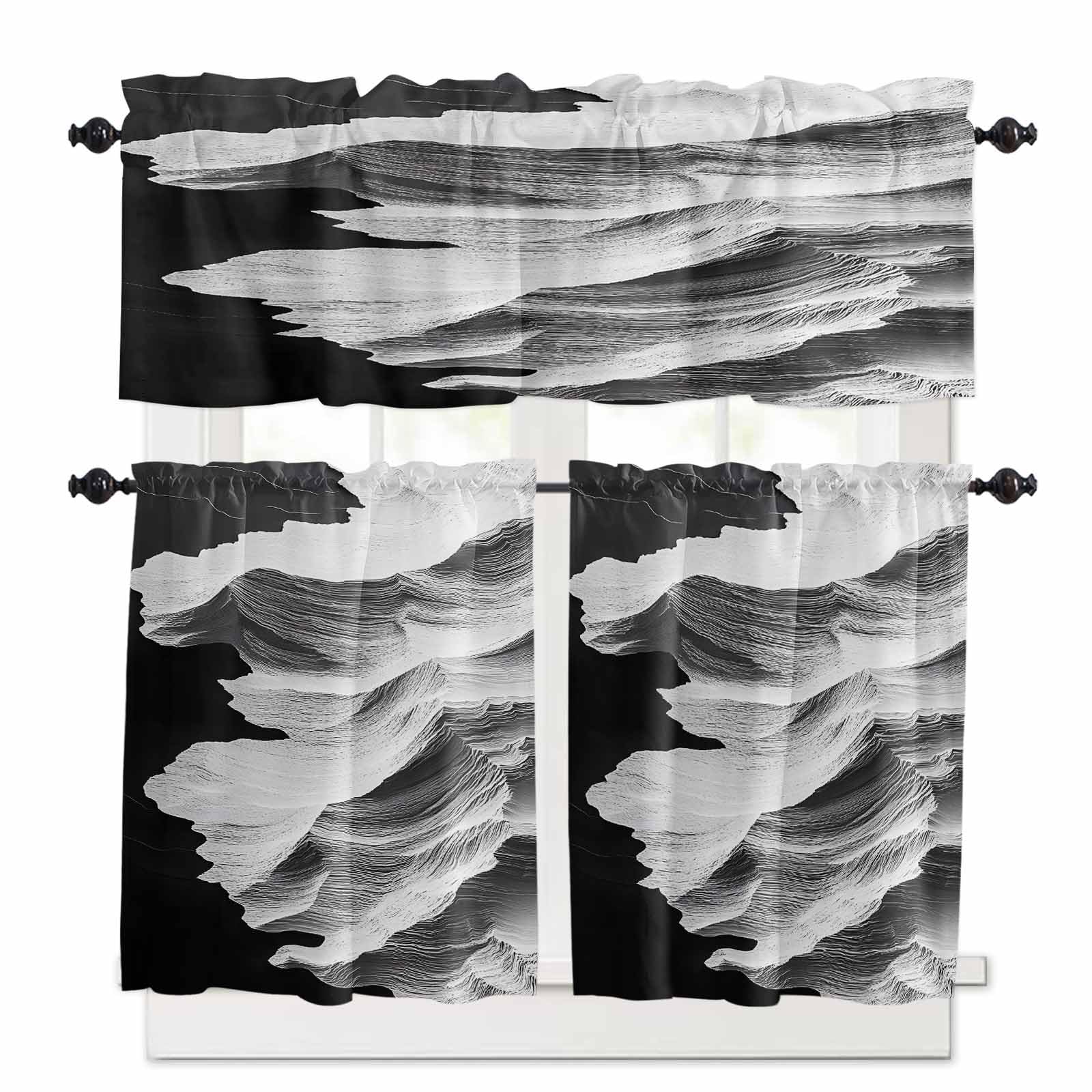 White Ocean Kitchen Curtains 36 Inch Length, 3 Piece Rod Pocket Small Half Tiers and Valance Set, Black Beach Coastal Modern Minimalist Small Large Window Treatment Decor for Bedroom/Bathroom Sink