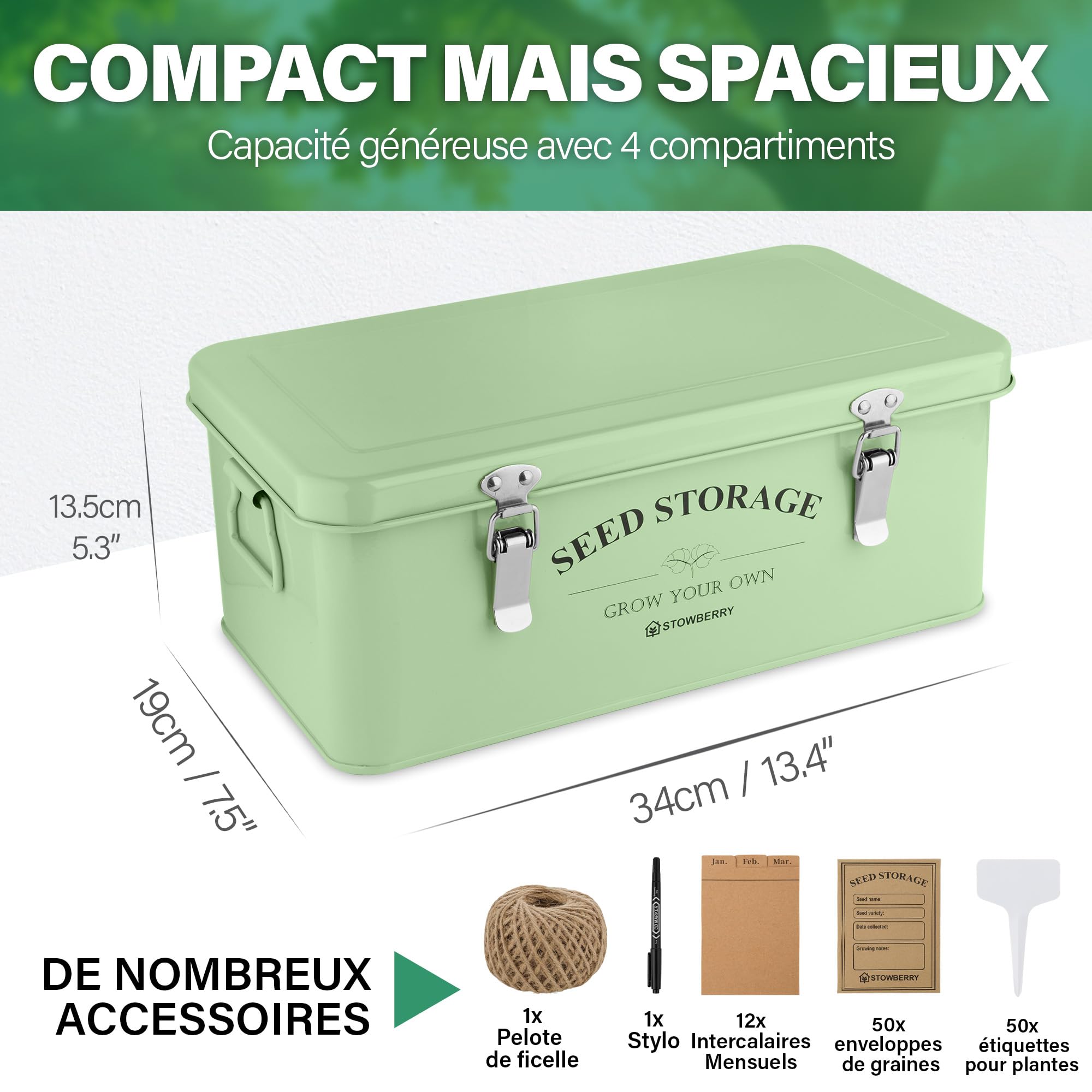 Boîte de Rangement pour Graines – Boîte à Graines Verte avec Couvercle, Poignées, 4 Compartiments – Boîte à Graines pour Jardiniers, Idée Cadeau avec Plus de 100 Accessoires