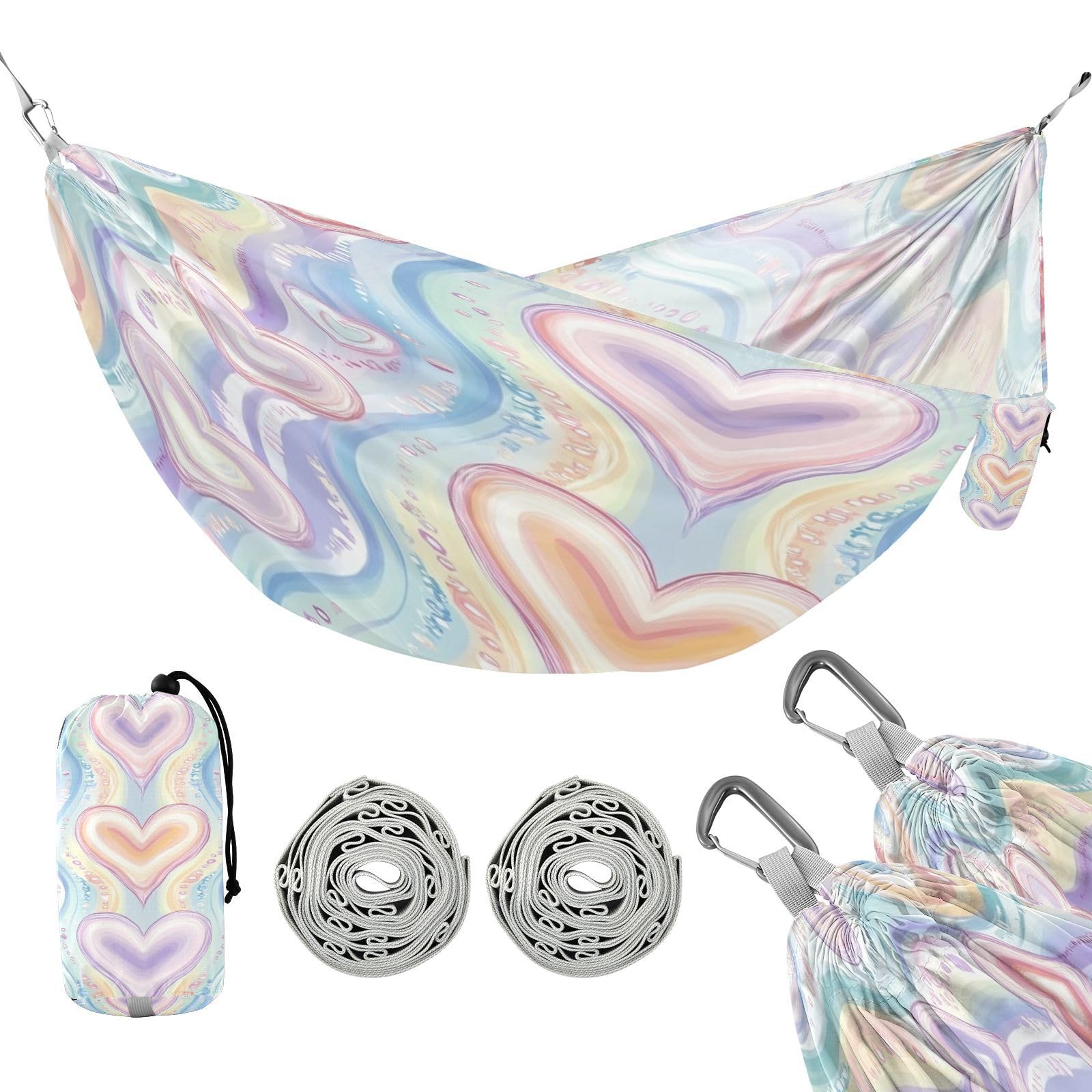 Haskirky Heart Camping Hammock, Single Portable Hammocks with Tree Straps & Attached Carry Bag, 330Lbs Capacity Perfect for Outside Indoor Hiking Beach Backpack Travel