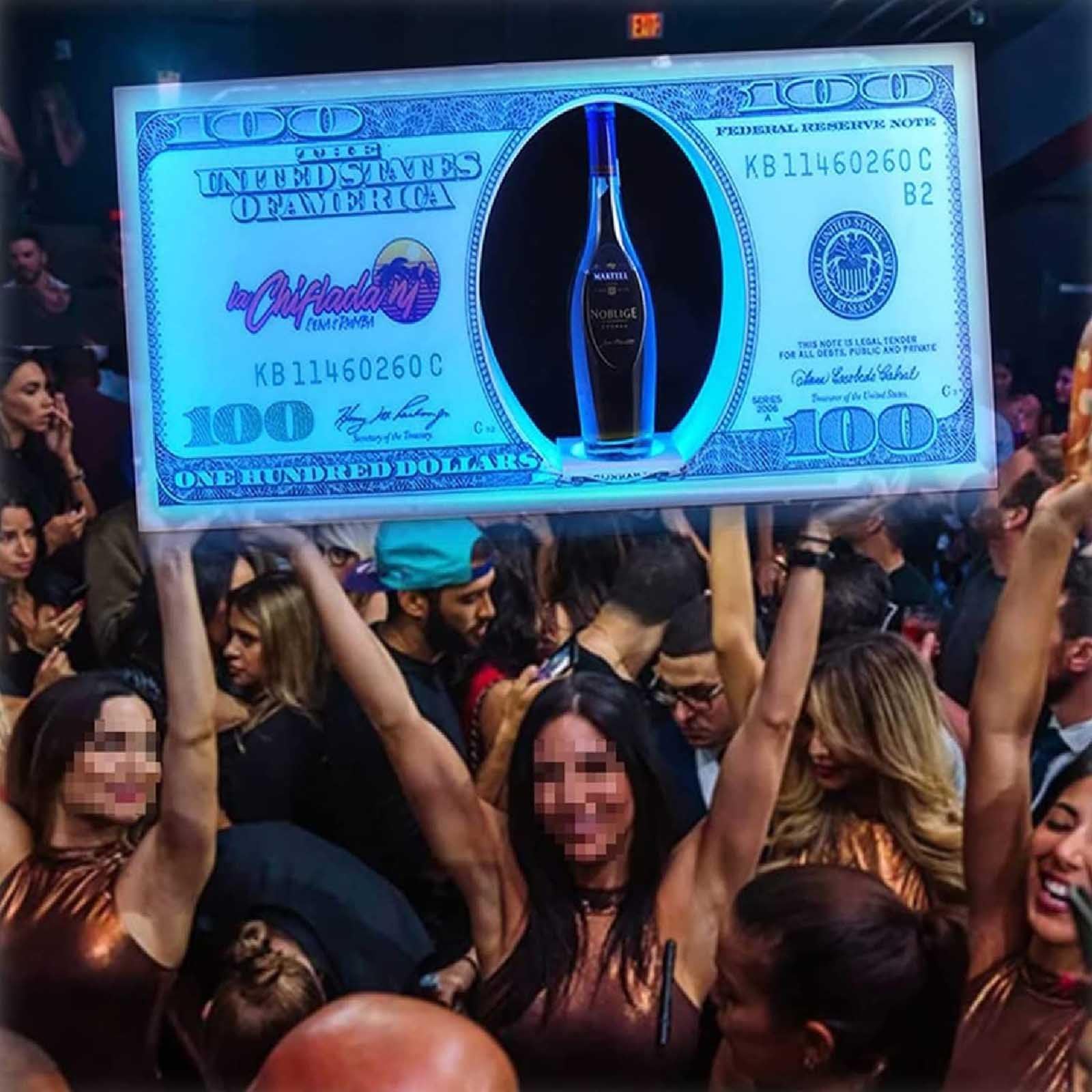 Espositore luminoso ricaricabile per bottiglie di champagne con aspetto da 100 banconote, per discoteca, villa, festa privata e ricevimento VIP