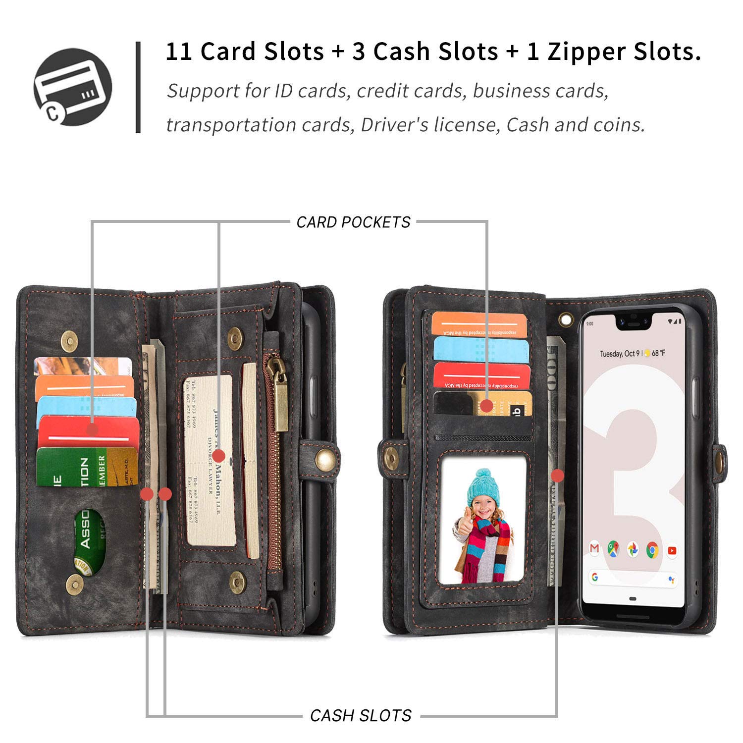OnePlus 8T Wallet Case,Leather Zipper Magnetic Flip Card Case For OnePlus 8T