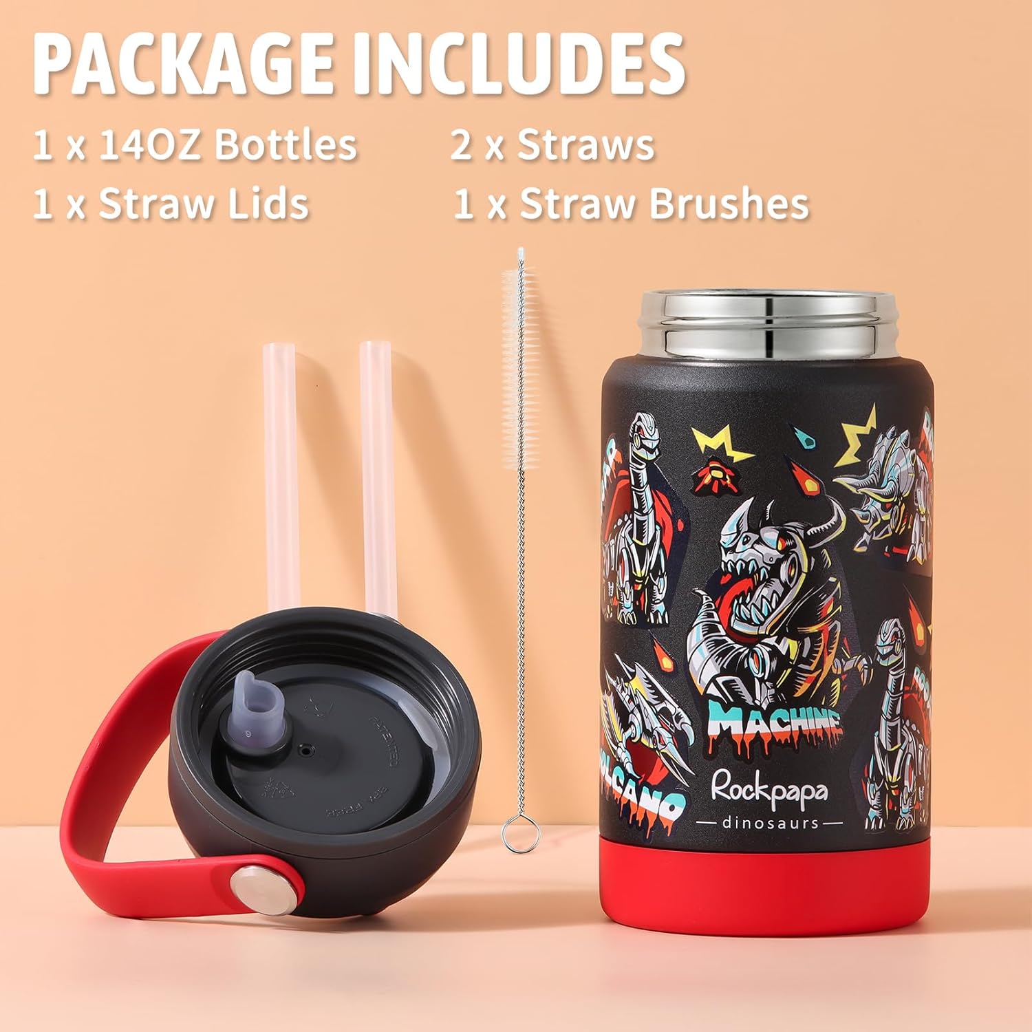 rockpapa 14 oz Kids Insulated Water Bottle,Stainless Steel Toddler Cups with Straws, BPA Free, Leak-Proof, Kids Water Bottle for School Boys&Girls (Black Dinosaur) - Image 6