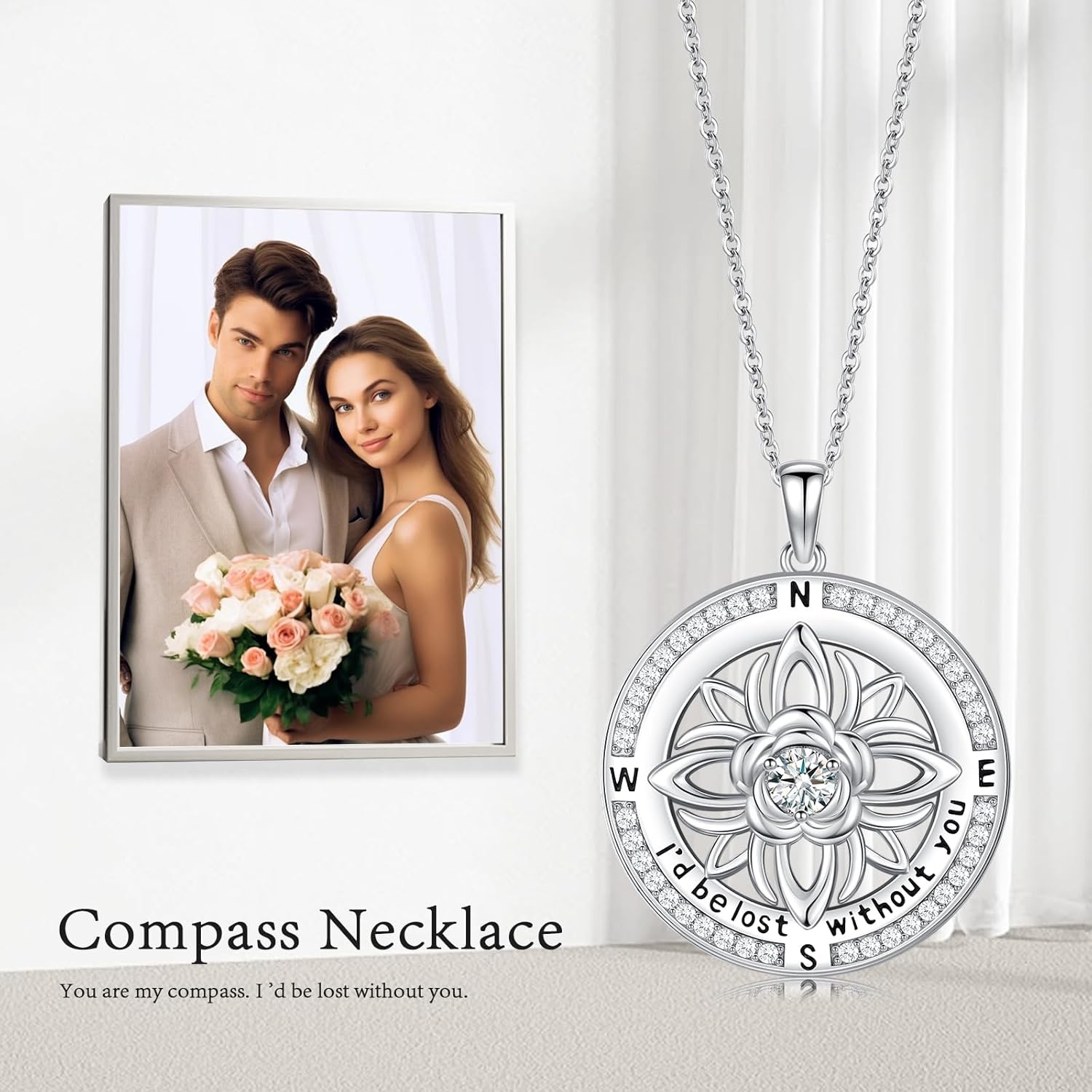 Compass Necklace for Wife 925 Sterling Silver I'd Be Lost without You Compass Pendant Necklace with Birthstone Valentine's Day Jewelry Gifts for Women - Image 3
