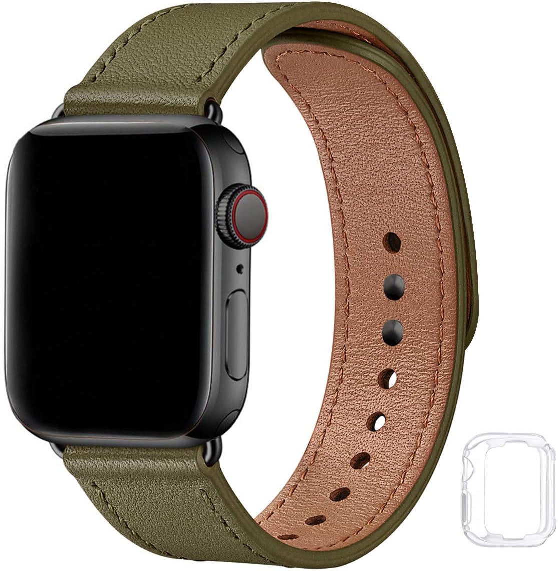 Soft Leather Bands Compatible with Apple Watch Band 38mm 40mm 42mm 44mm, Special Watch Band Replacement Strap for Women Men for iWatch SE Series 6 5 4 3 2 1 (Army Green with Black, 38MM/40MM)