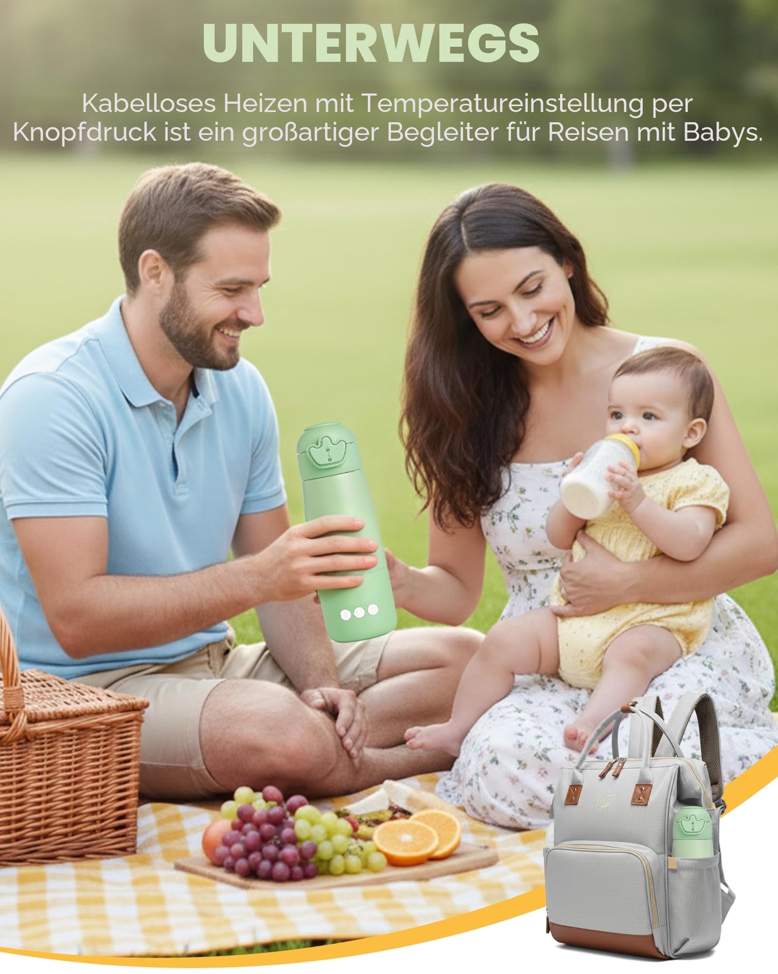 Lilian&Gema Tragbarer Flaschenwärmer Baby Unterwegs, Schnelles Aufheizen Muttermilch Wasser In 3 Min, 350ml Kapazität + 11400mAh Lange Akkulaufzeit, Auslaufsicher, Präzise Temperatursteuerung