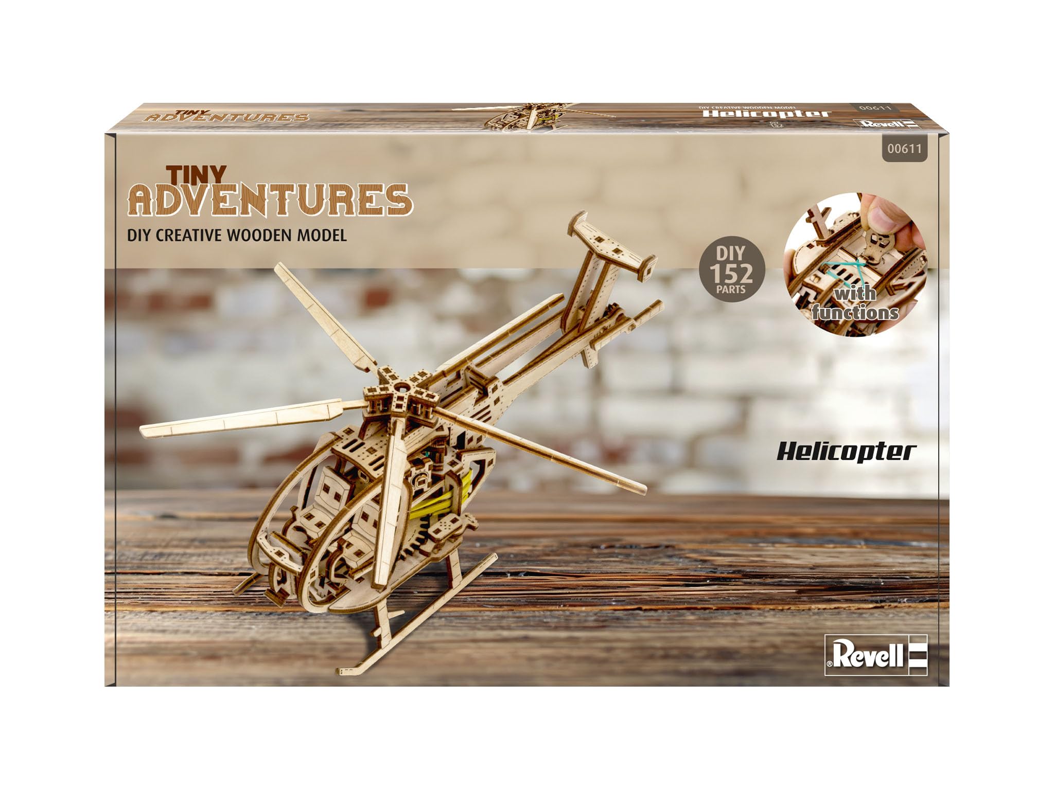Revell Tiny Adventures Hélicoptère Maquette en bois échelle 1/30 avec moteur Pull Back & Go rotor 30 cm