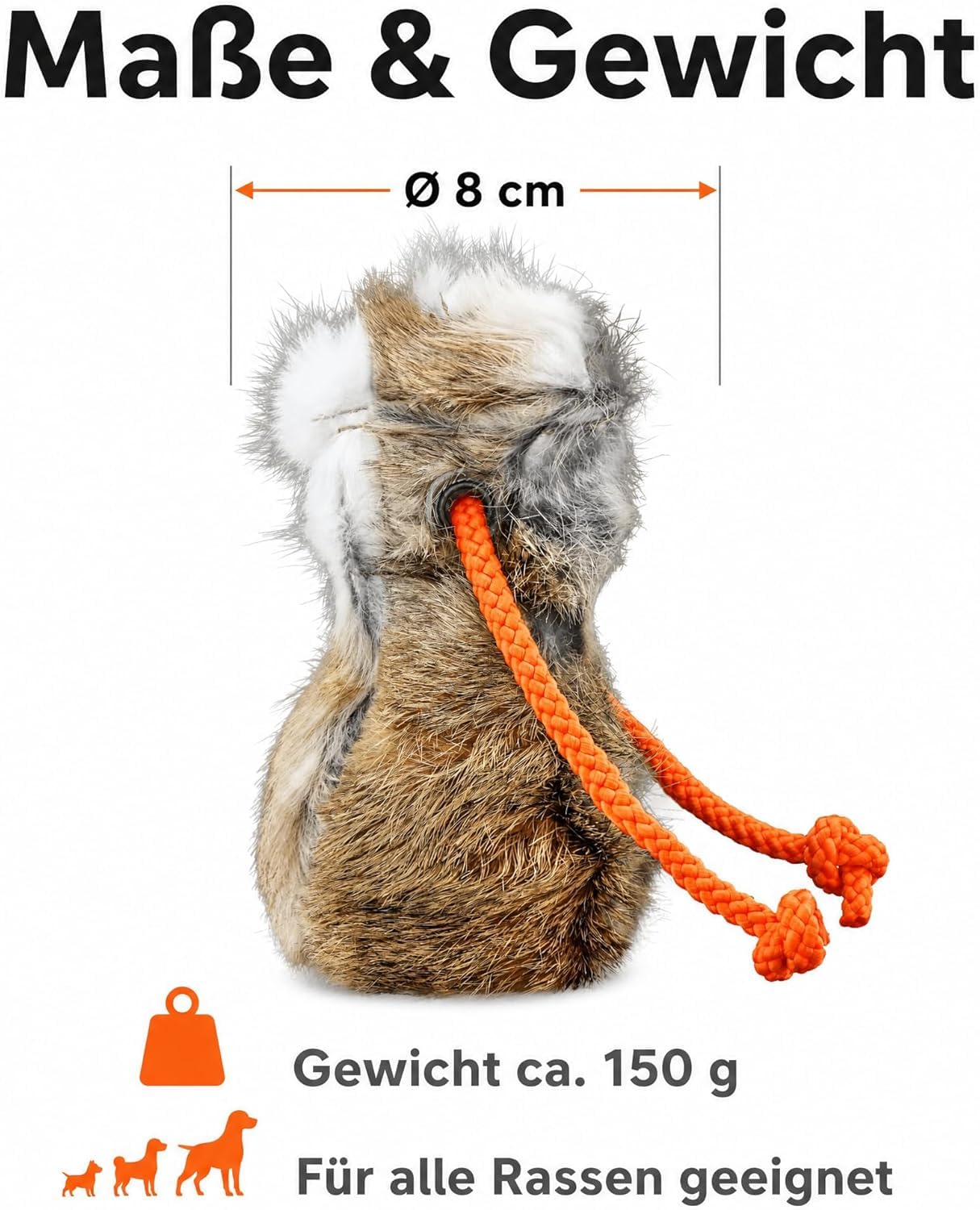 Romneys Dummy Hundetraining, Dummyball aus echtem Kaninchenfell mit neonoranger Wurfschnur, Apportierdummy Wurfball für Hunde mit Seil, Ø 8 cm, 150 g, robuste Metallöse, Outdoor