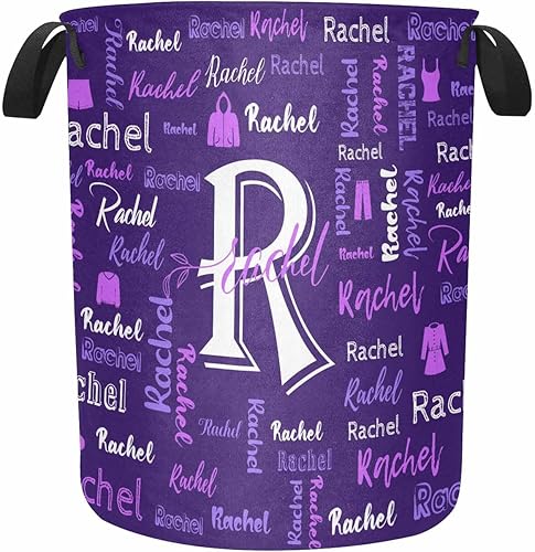 MyPupSocks Cesta redonda personalizada para la ropa sucia con nombre, monograma inicial personalizado y morado y blanco, impermeable, con asas,