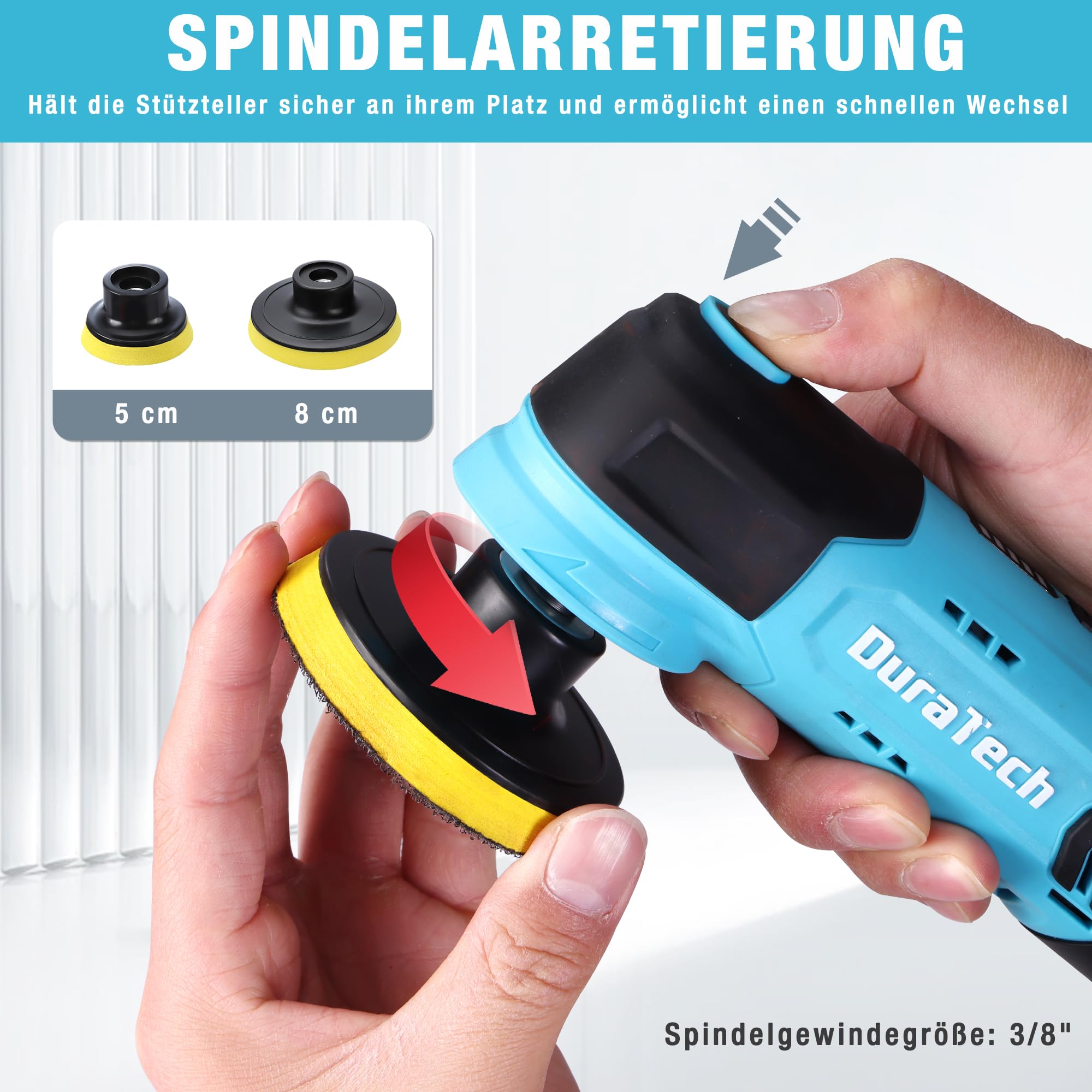 DURATECH Akku Poliermaschine 12V, Mini Auto Polierer 3000RPM mit 2,0Ah Batterie, Akkupolierer 50mm + 80mm Polierteller mit Zubehör und Aufbewahrungstasche für Auto, Möbeln, Metall