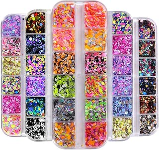 5 Box/60 Grids Nail Sequins, Kalolary Nail Art Flake Nail Glitter Paillette Mixed Round Thin Shining 3D Nail Art Stickers Manicure Make Up DIY Decals DecorationB - coolthings.us