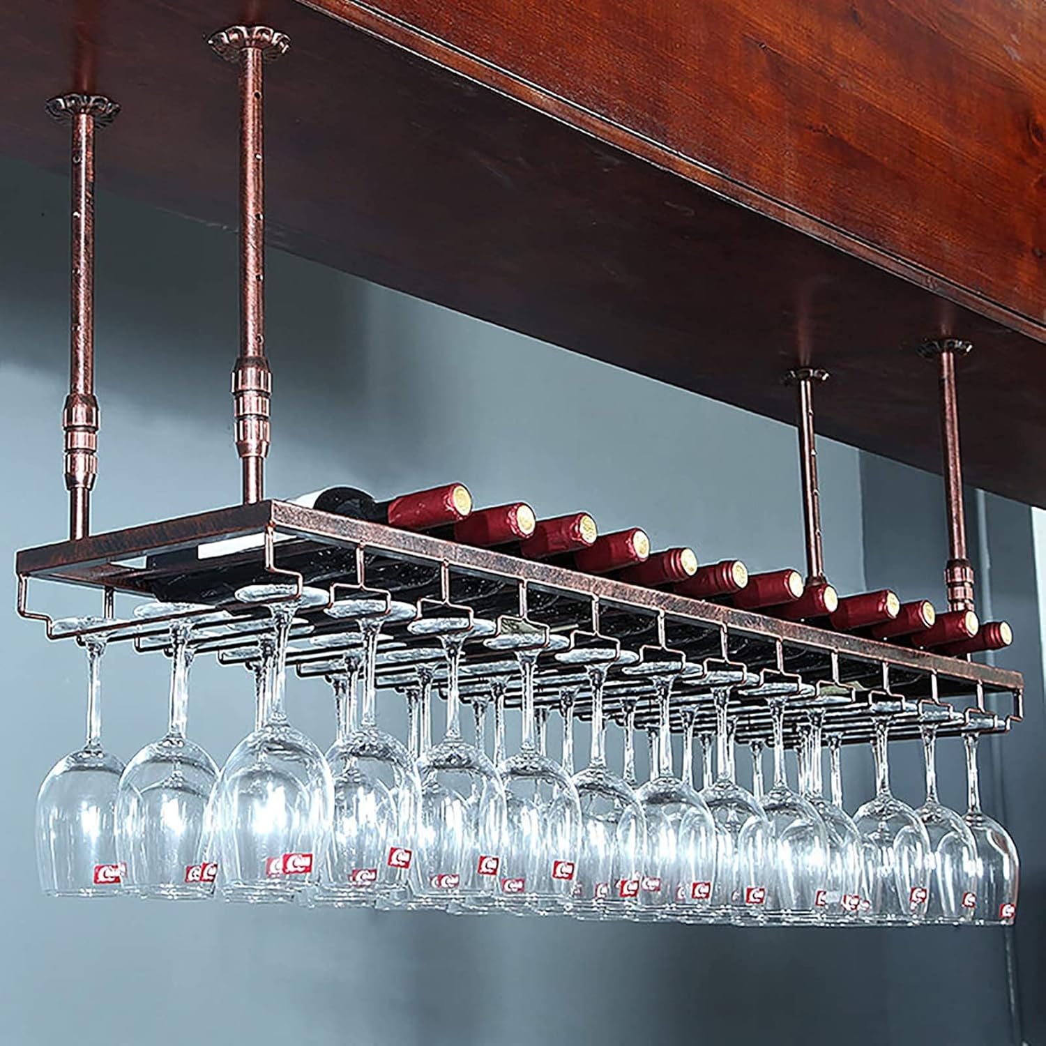 Hanging Wine Glass Holder Industrial Vintage Metal Wine Rack,Ceiling Wine Glass Racks Stemware Holder,Adjustable Height Decoration Shelf,for Bars Restaurants and Kitchens