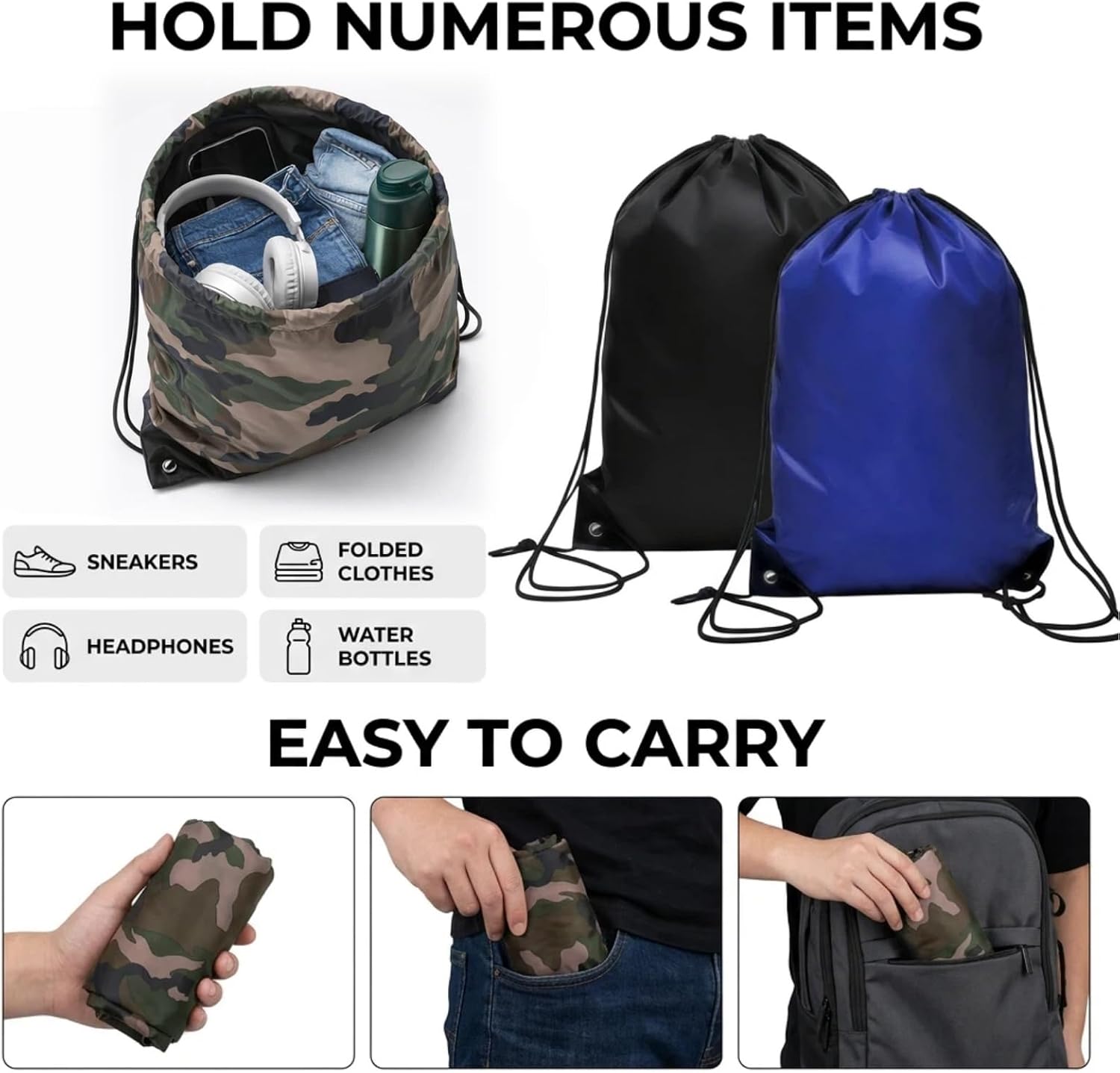 21 Pcs Camo Drawstring Bags Bulk - Waterproof Drawstring Backpack for Men & Women, Lightweight Army Bag for Gym, Travel & Birthday Party Supplies