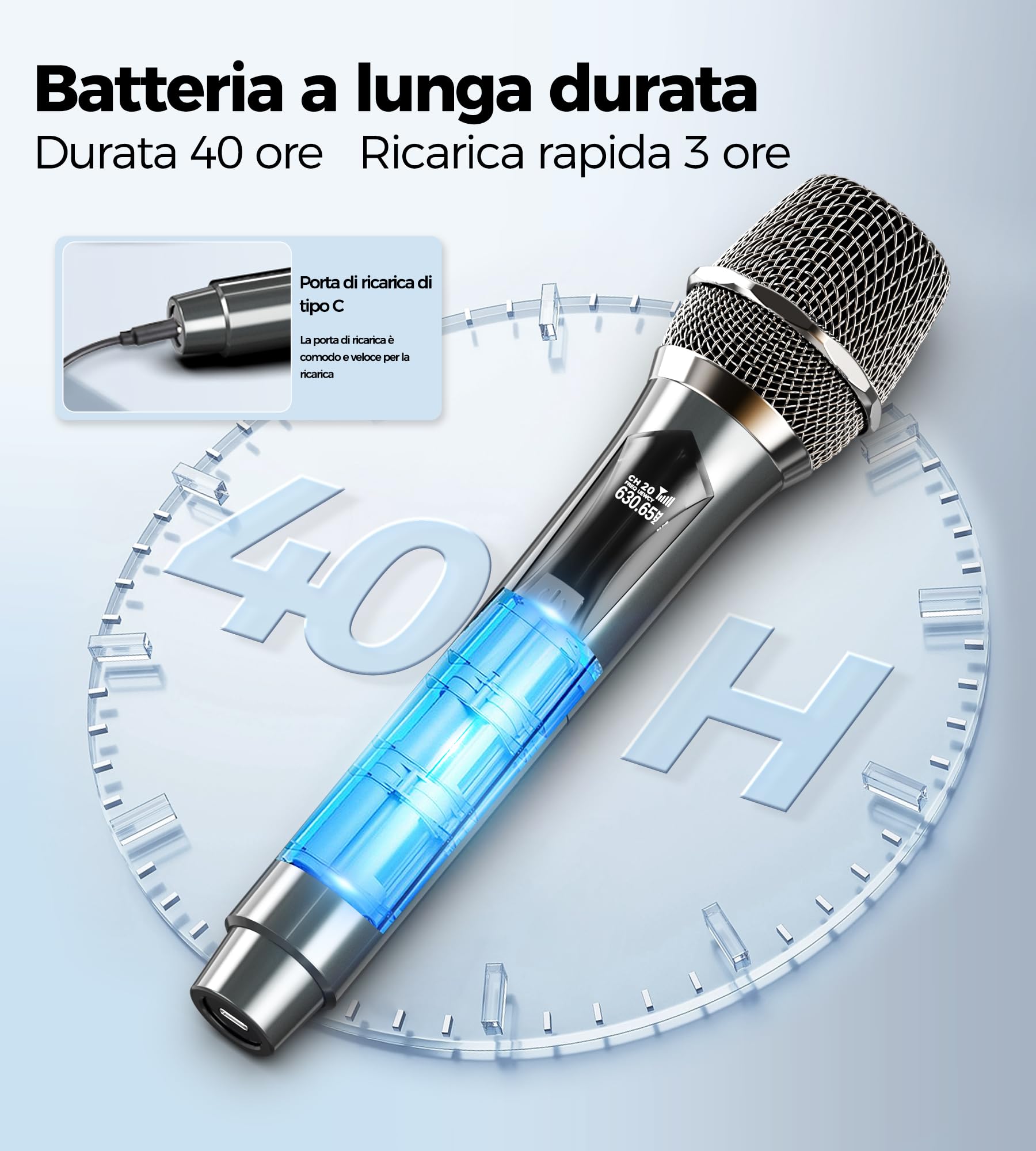 MAILANGSHI Microfono Wireless, sistema di microfono cordless portatile doppio in metallo ricevitore ricaricabile, durata 50ore, portata 200 piedi, microfoni per karaoke per canto karaoke (Grigio)