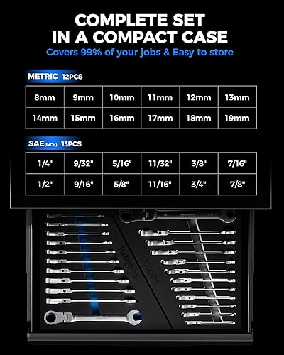 Miniatura 5 de toolant Juego de 24 llaves de trinquete, juego de llaves combinadas de trinquete de cabeza flexible con diseño de interruptor, 0.315-0.748 in y