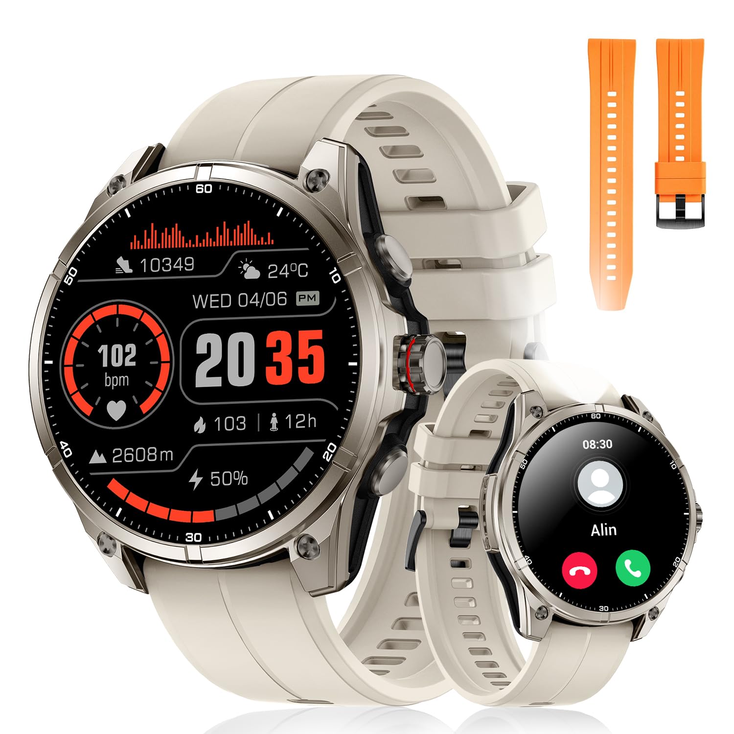 Smartwatch for Men GPS Sports Watch, 1.43″ AMOLED Display, 5ATM Waterproof Metal Military Smart Watches, Fitness Activity Tracker with Compass Pedometer Sleep/Heart Rate Monitor for Android iOS White