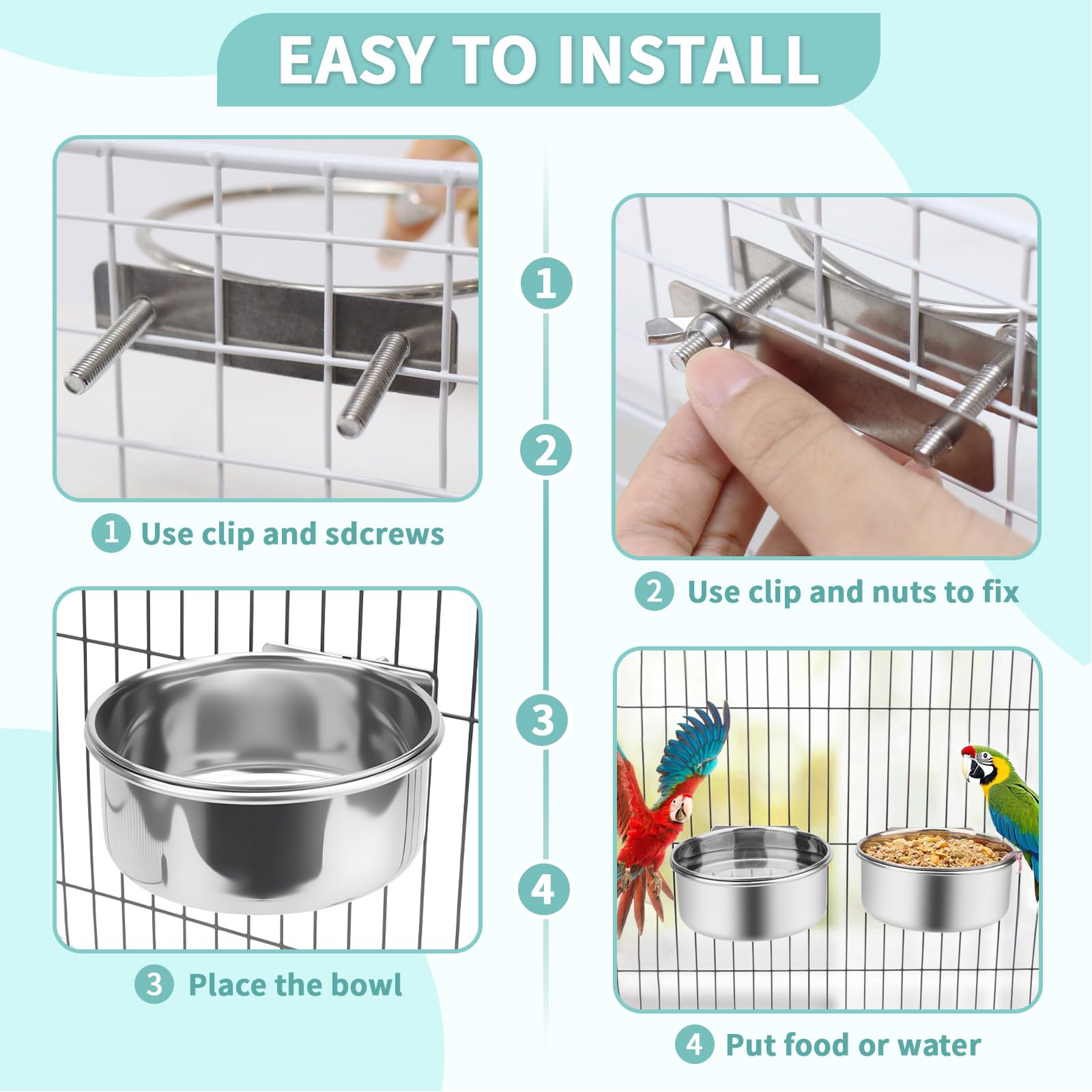 2 Pcs Bird Feeder Bowls with 3 Pcs Food Holder for Cage, Parrot Food Water Bowls and Fruit Skewer Foraging Toy, Stainless Steel Bird Feeding Dish Cups for Small Animals (Silvery, 5 Pcs) - image 5