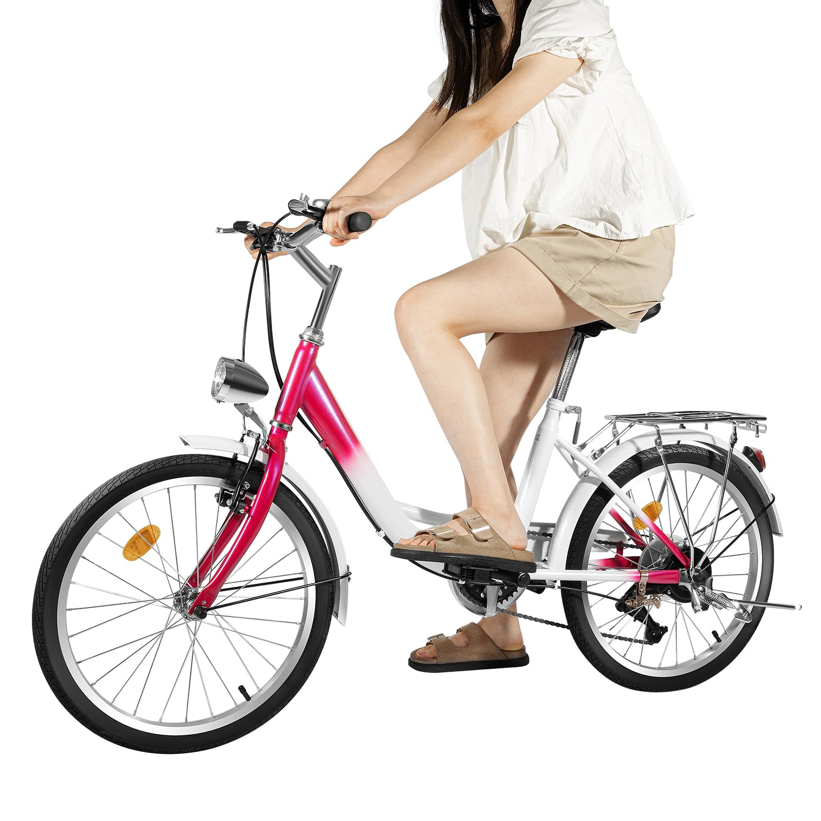 Vélo de ville de 20" à 6 vitesses avec éclairage LED | Vélo réglable en hauteur pour adultes (charge de 90 kg) – Roues en aluminium + frein en V / frein à tambour | Vélo urbain rose et blanc