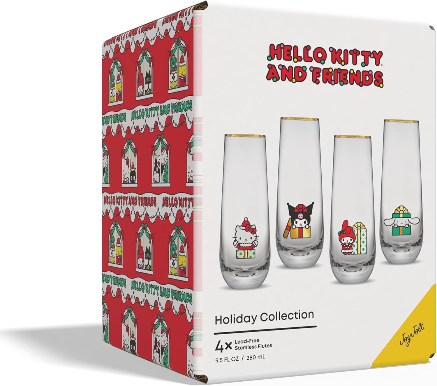 JoyJolt Hello Kitty and Friends Holiday Stemless Flutes, 9.5oz Drinking Glasses Set of 4, Kawaii Sanrio Hello Kitty Kitchen Glass Set Ideal for Water Juice Smoothies, Skinny Tall Glasses - Image 9