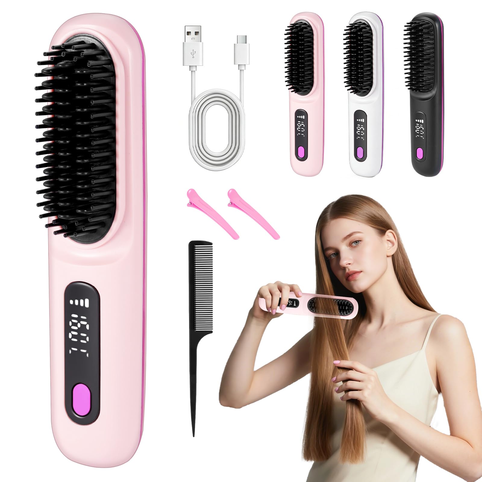 RUIZHI Haarbürste Elektrisch, Glättbürste Kabellos, Stylingbürste für Kurze Haare, Elektrische Haarglätter Bürste, Glättungsbürste, Hot Comb für Reisen, mit LED Anzeige und 3 Temperatureinstellung