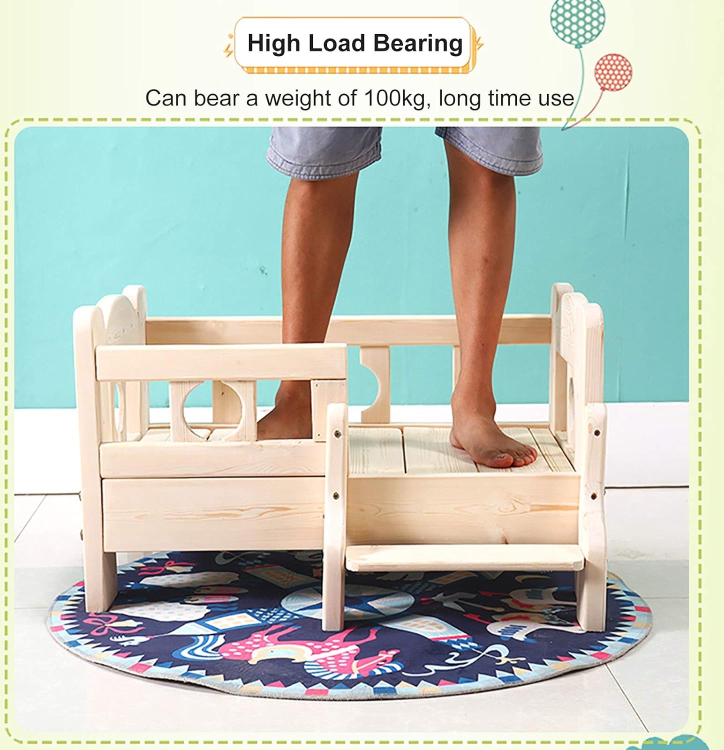 Wooden Dogs Bed and Soft Washable Winter Mat, Large Medium Small Dog Sofa Cot with Stairs and Fence, Indoor Outdoor Use (Color : Pink, Size : L 80×60×43cm)