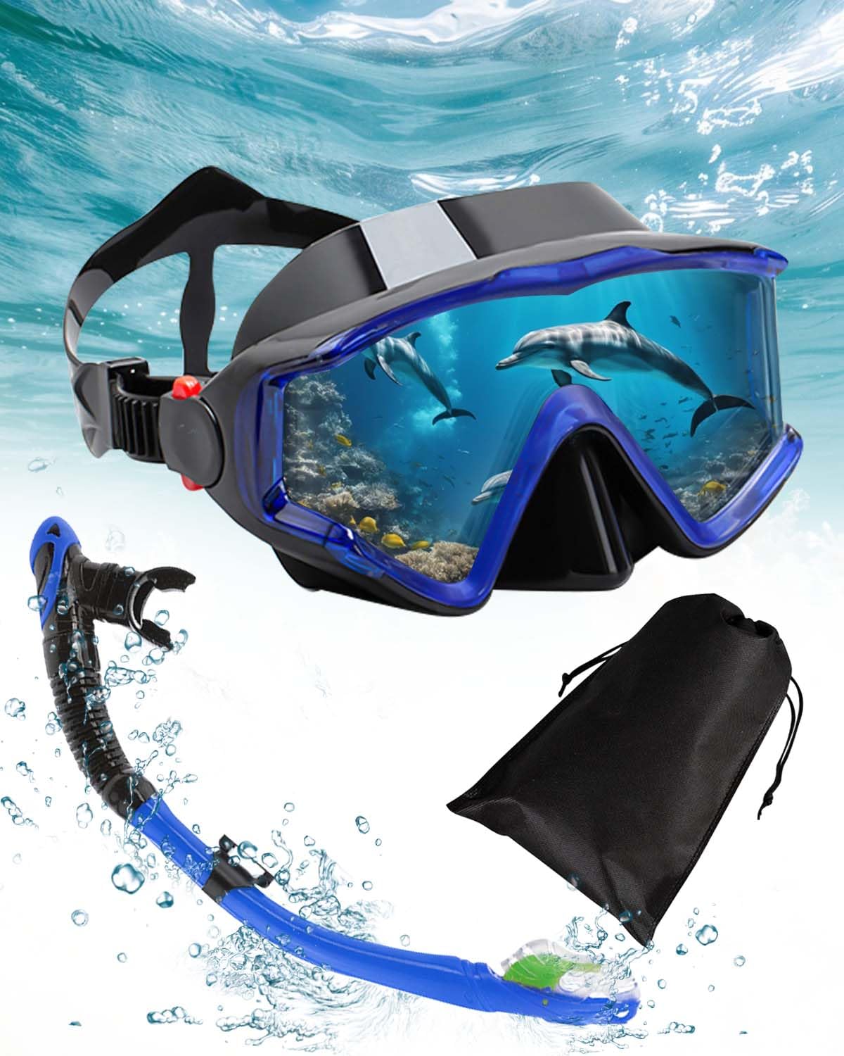 Snorkelling Set Adults, 180° Panoramic Anti-Fog Tempered Glass Snorkel Mask with Dry Top Snorkel – black and blue
