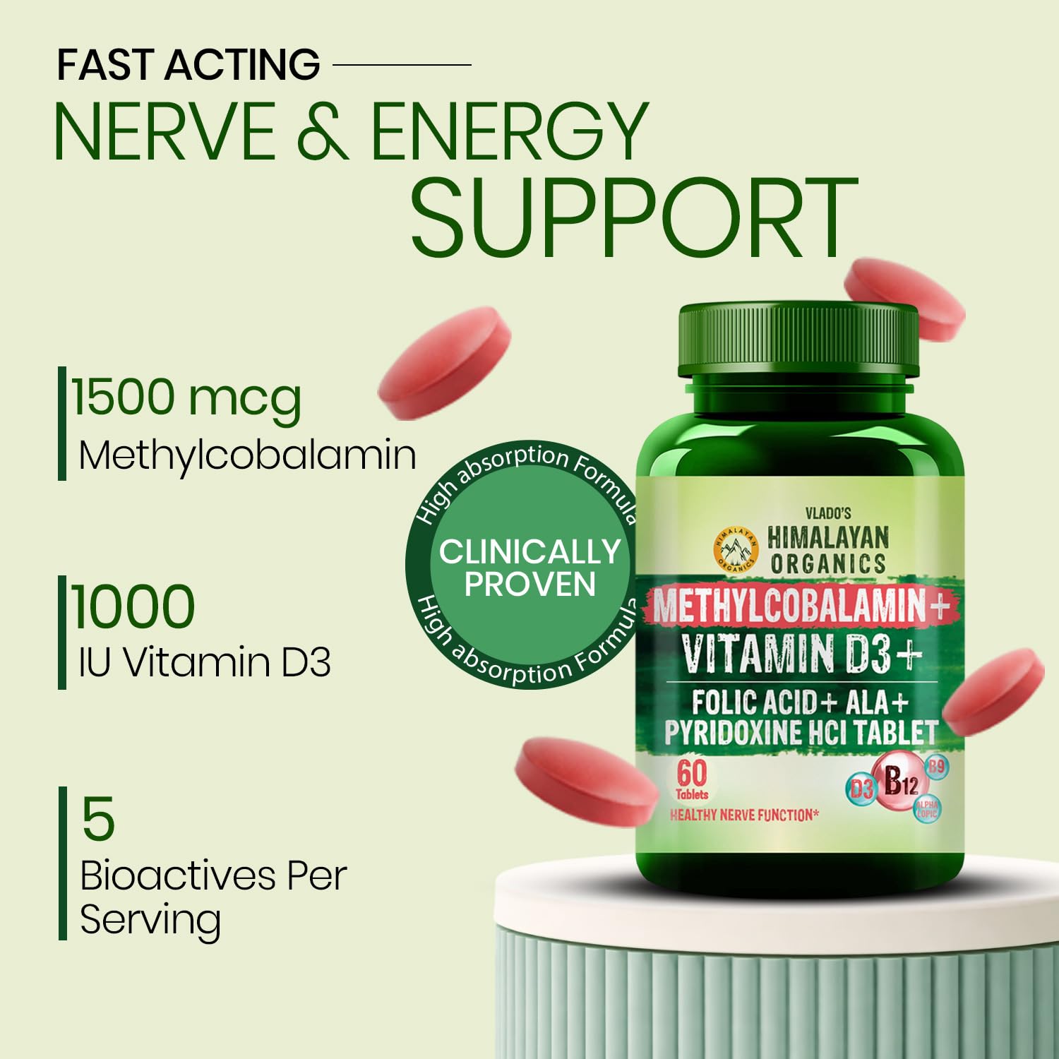 Vlado's Himalayan Organics Vitamin B12 1500mcg with Vitamin D3 | Vitamin B12 Supplements for Men & Women | Methylcobalamin 1500mcg with Vitamin D Tablets with Alpha Lipoic Acid , Folic Acid I B12 Vitamin Tablets - Best Vitamin B-12 Supplement For Men & Women - 60 Tablets — Amazon image 3