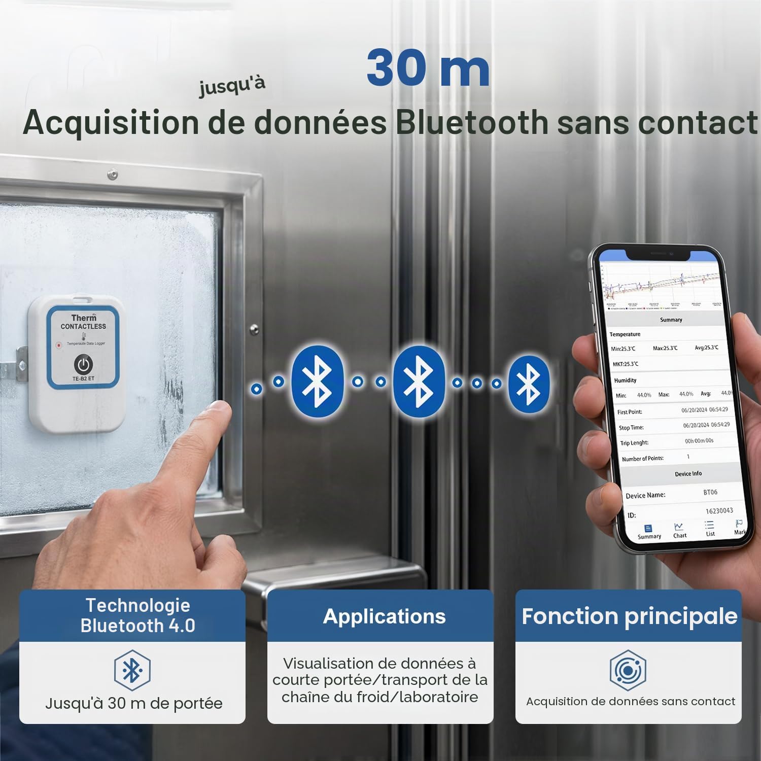 ThermElc TE-B2 Enregistreur de température sans fil pour vaccins, conforme à la norme EN12830, moniteur pour réfrigérateur de pharmacie avec calcul MKT, réutilisable, rapports PDF sans contact