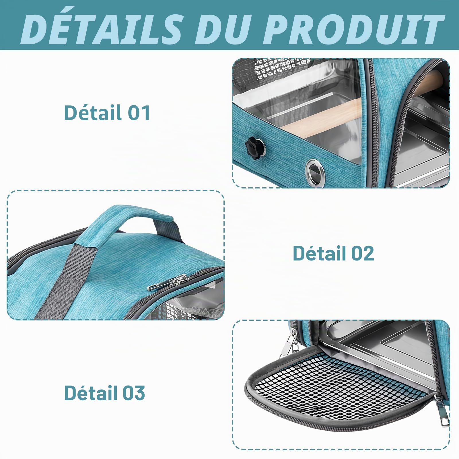 Boîte de transport pour oiseaux : sac à dos pour oiseaux avec perchoir et plateau en acier inoxydable, boîte de transport légère et respirante, cage de voyage pour perroquets perruches (bleu