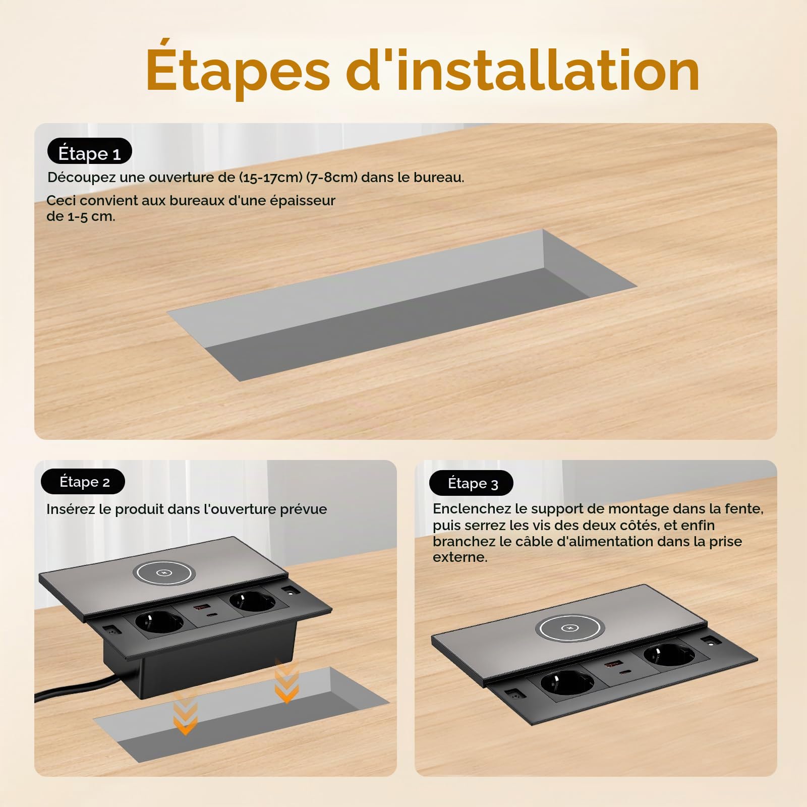 Prise Encastrable Escamotable 2 Prises avec Couvercle, USB-C PD 30W et USB-A, Bloc Prise Encastrable pour Plan de Travail avec Charge sans Fil, pour Bureau, Cuisine, Table de Réunion, Câble 1,8 m