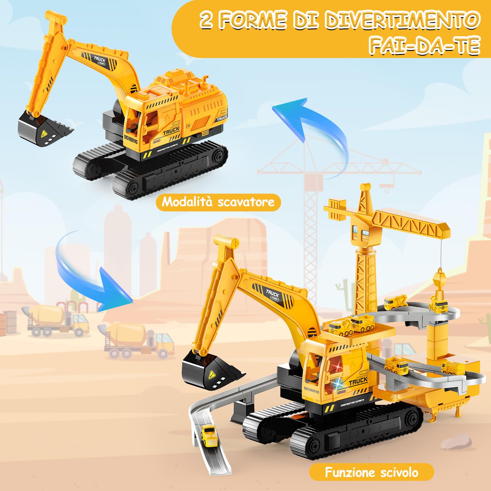 Aragallant Escavatore Giocattolo per Bambini, 2 in 1 Escavatore Gru Giocattolo, Camion Escavatore Set con Musica, Luci e 8 Mini Veicoli da Cantiere, Regali per Ragazzi e Ragazze