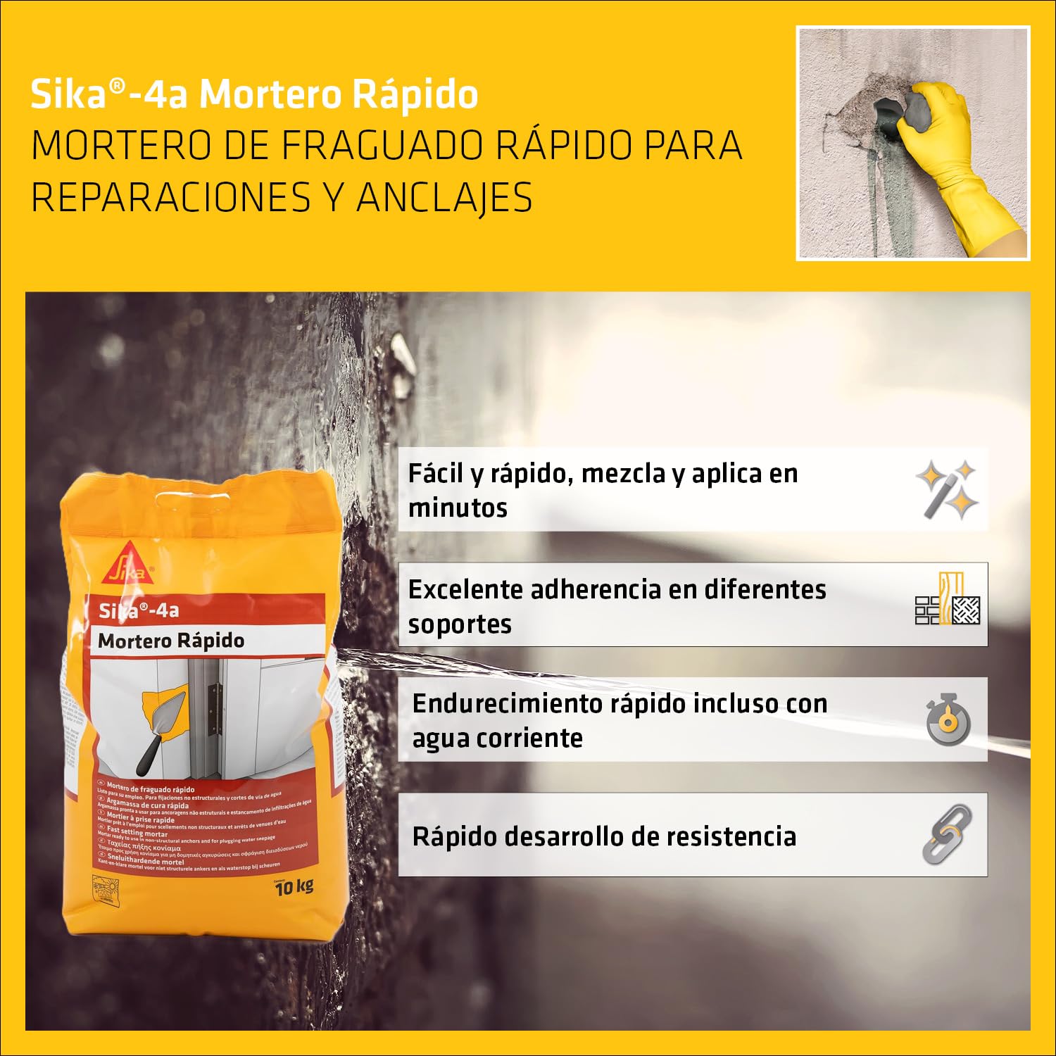 SIKA - Mortero rápido - Sika 4A - Gris - Listo para su empleo - Para fijaciones de marcos, anclajes no estructurales y para cortar filtraciones de agua - 10kg