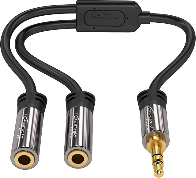 KabelDirekt  3.5mm Y adapter & jack & AUX splitter (1×3.5mm male to 2×3.5mm female, connect two sets of headphones to a smartphone/tablet/notebook, stereo, 10cm, black)