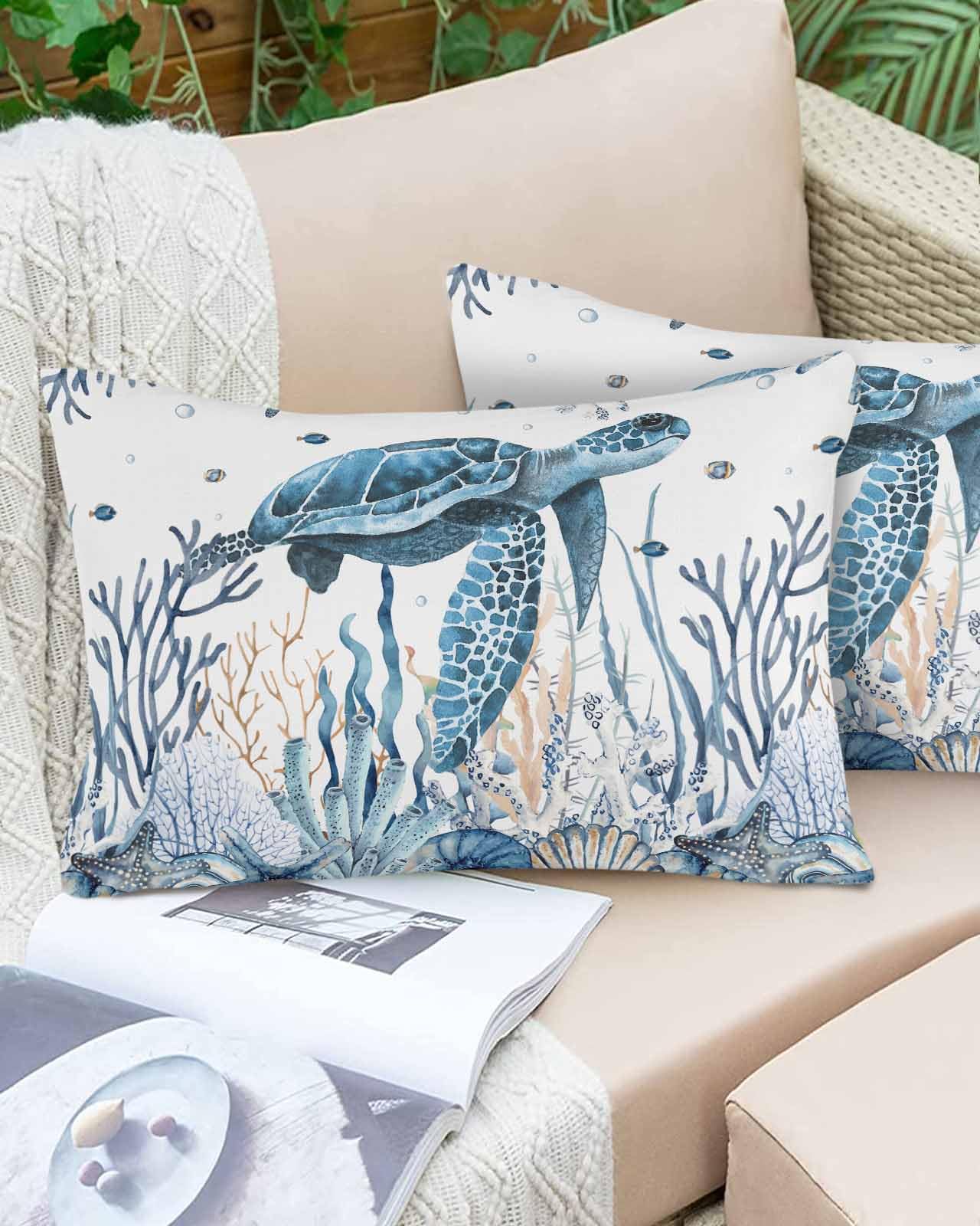 Boanket Lumbar Pillow Covers 12 x 20 in, Blue Sea Turtle Waterproof Throw Pillow Cover Set of 2, Coastal Beach Coral Nautical Shell Home Decorative Rectangle Cushion Covers for Patio/Couch/Garden
