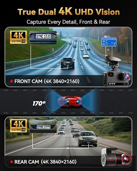 TERUNSOUl 4K+4K Dash Cam Front and Rear, Free 128GB Card Included, 5.8GHz WiFi Dash Camera for Cars, Built-in GPS, G-Sensor, 170°Wide Angle, 3" IPS Screen, 24H Parking Mode, Support 512GB Max - 2