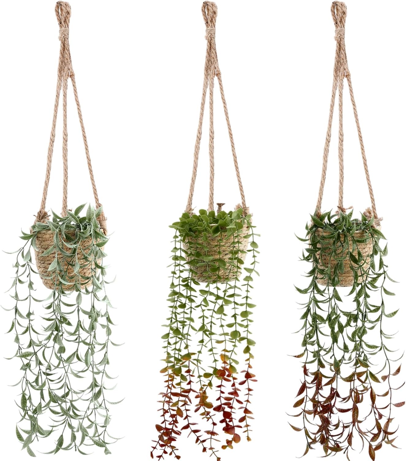 Giegxin Spring Mini Hanging Artificial Plant with Woven Basket Boho Fake Plants Ivy Faux Vines Eucalyptus Leaf for Indoor Home Wall Shelf Decor(6 Set,Green,Artificial Hanging Plants)