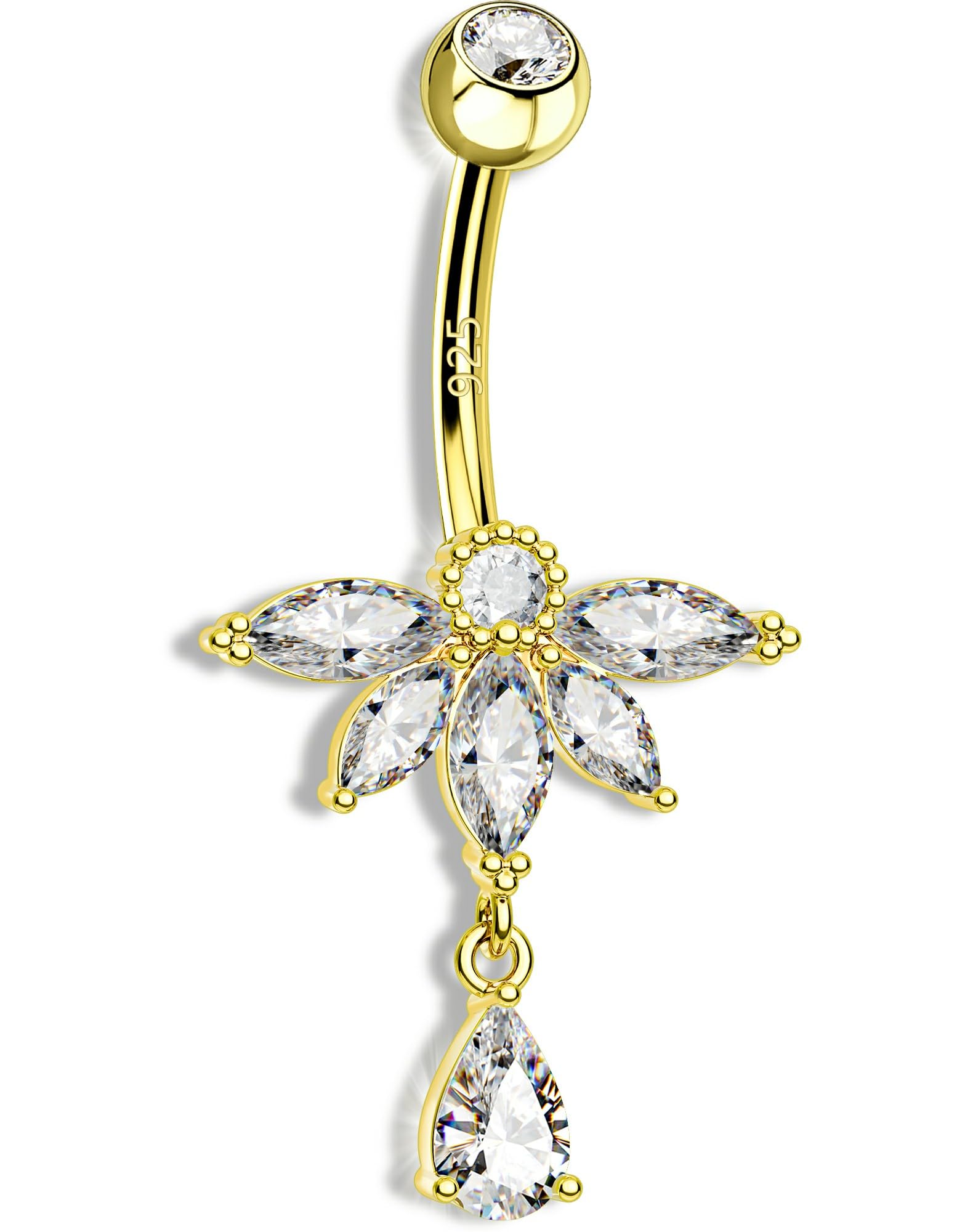 OUFER Lotus Gold - Piercing para ombligo de plata de ley 925, 14 g, con colgante, circonita transparente, 10 mm
