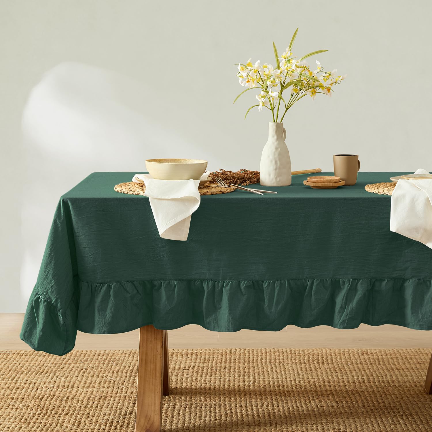 MONDAY MOOSE Ruffle Farmhouse Rustic Rectangle Natural Stonewashed Cotton Tablecloth for Kitchen, Dining Room, Restaurant (60x86 inch, Teal Green)
