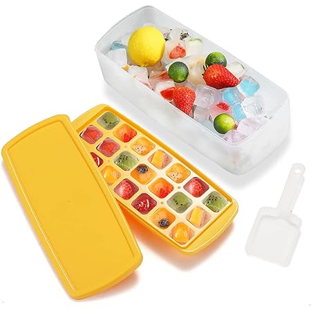 HOMQUEN Ice Cube Trays for Freezer, Easy Release Silicone 21-Grain Ice Trays with Lid, Storage Container, Scoop, Square Ice Ball Maker Mold, Ice Cube Mold for Chilling Whiskey Tea Coffee(Clear Yellow)