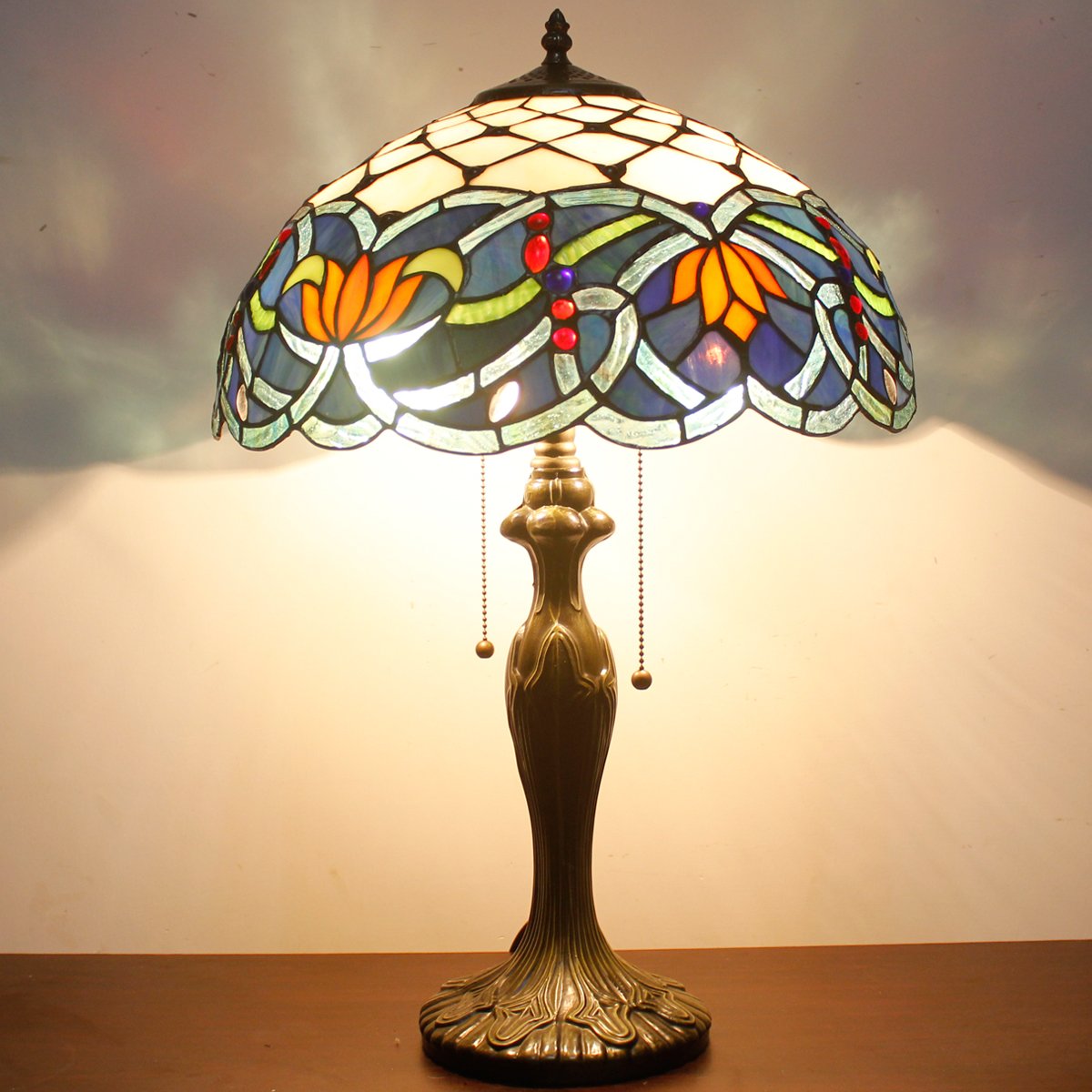 WERFACTORY Tiffany Table Lamp Stained Glass Style Bedside Lamp Blue Lotus 16X16X24 Inches Desk Reading Light Metal Base — view 8