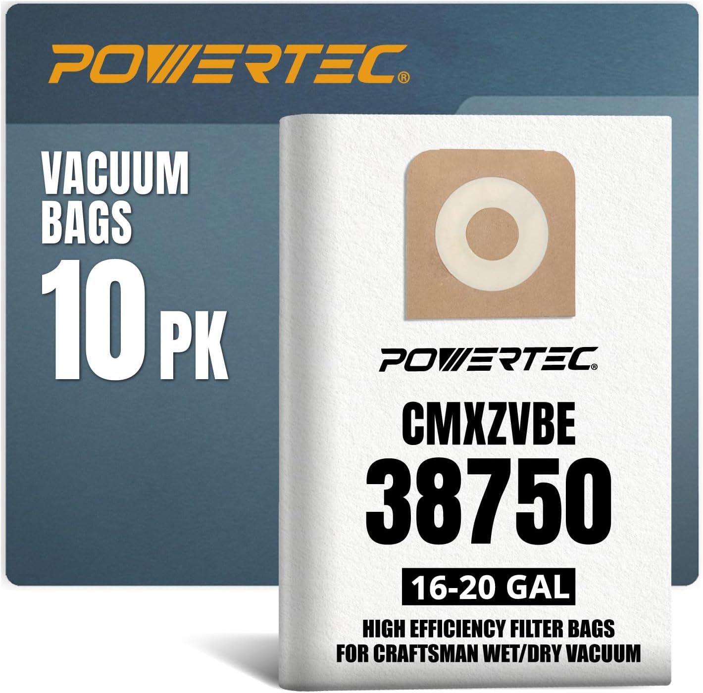 POWERTEC 38750 Shop Vac Bags for Fine Dust, Works for Craftsman 16-20 Gallon Wet/Dry Vacuums, 16-20 Gal. Shop Vacuum Bags CMXZVBE38750 for Craftsman CMXEVBE17595 and CMXEVBE17607 Wet Dry Vac, 10 Pack